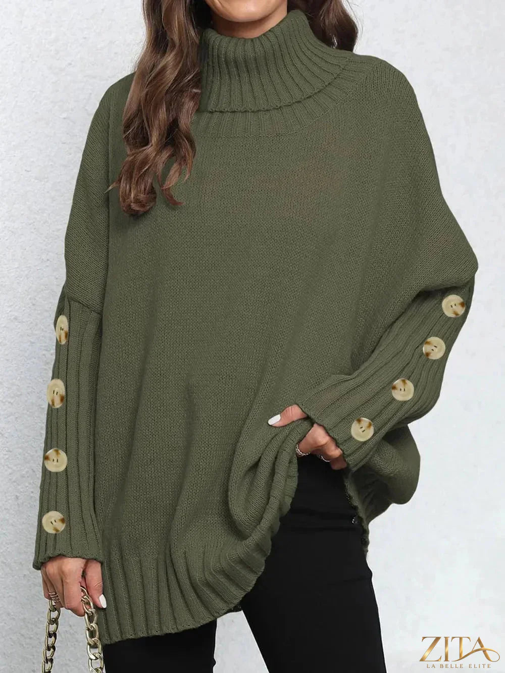 Gray turtleneck long sleeve sweater by Trendsi, close-up showing soft knit fabric and fitted design.