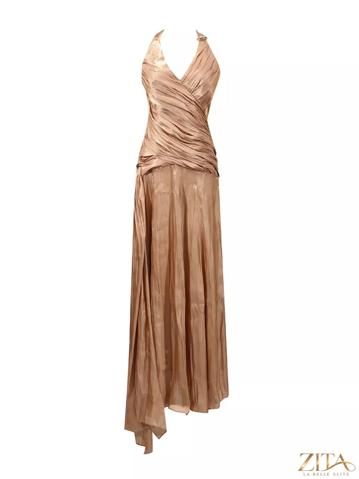 Zita La Belle Elite halter neck ruched maxi dress in elegant fabric, featuring a fitted bodice and flowing skirt.