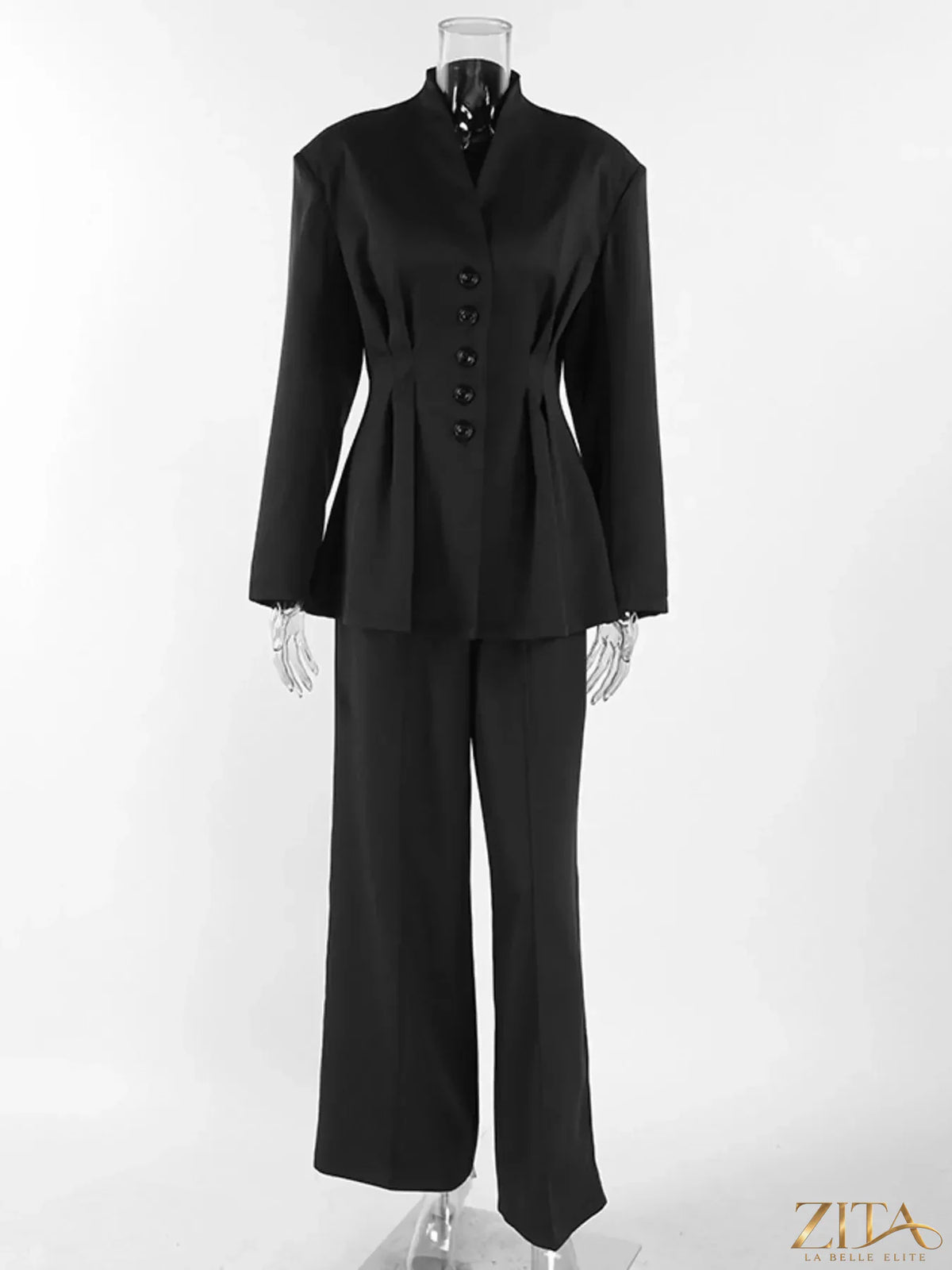 Zita La Belle Elite chic button-down pleated blazer and wide-leg pants suit set, stylish formal outfit for women.