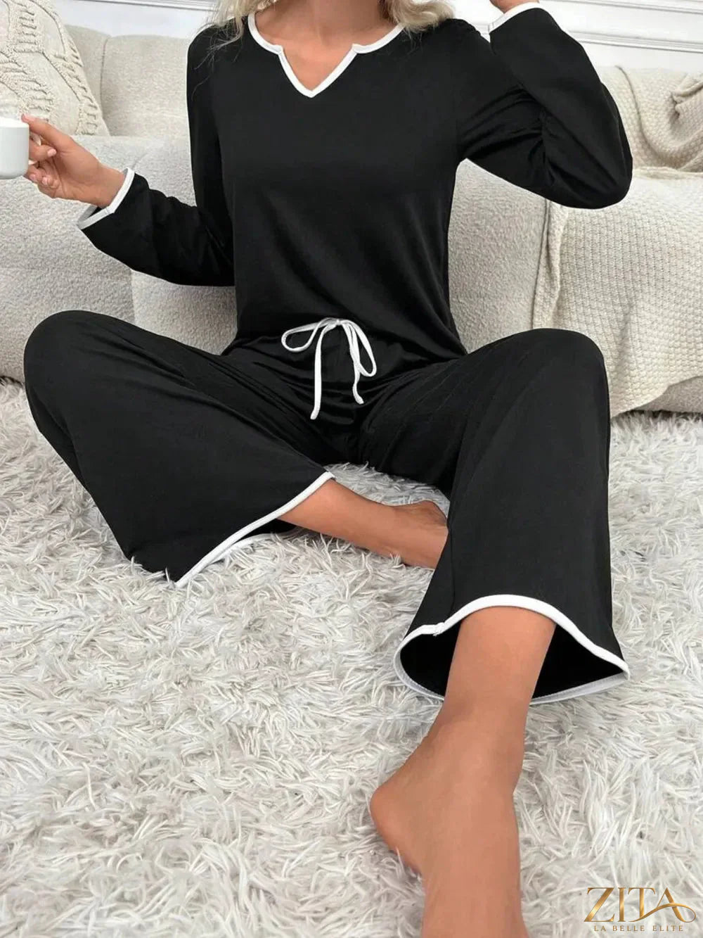 Zita La Belle Elite contrast trim notched long sleeve top and pants lounge set, featuring a relaxed fit and stylish design.