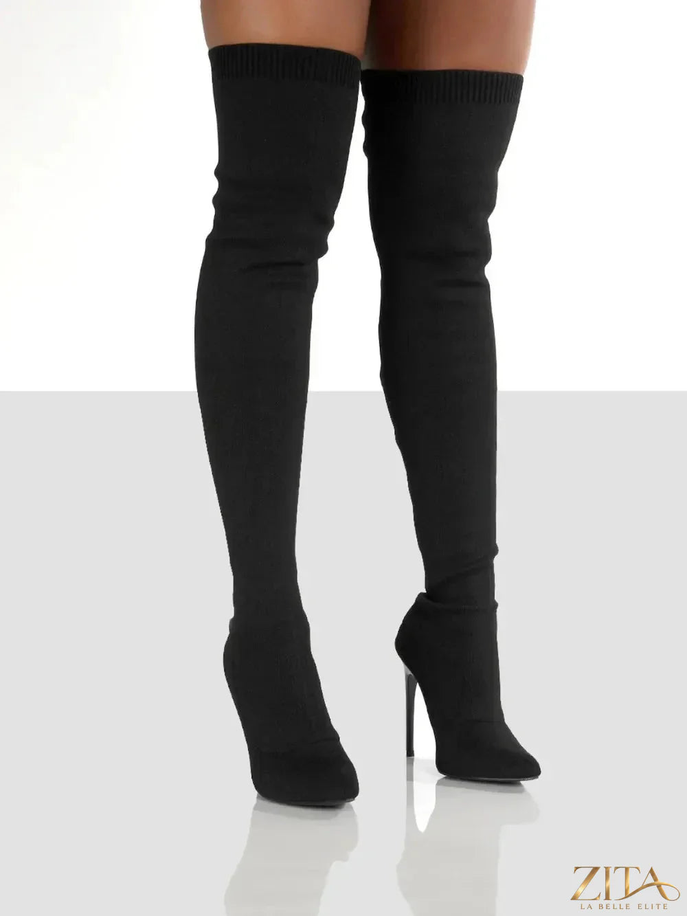 Zita La Belle Elite point toe over knee stiletto boots in black leather, featuring sleek design and high heels.