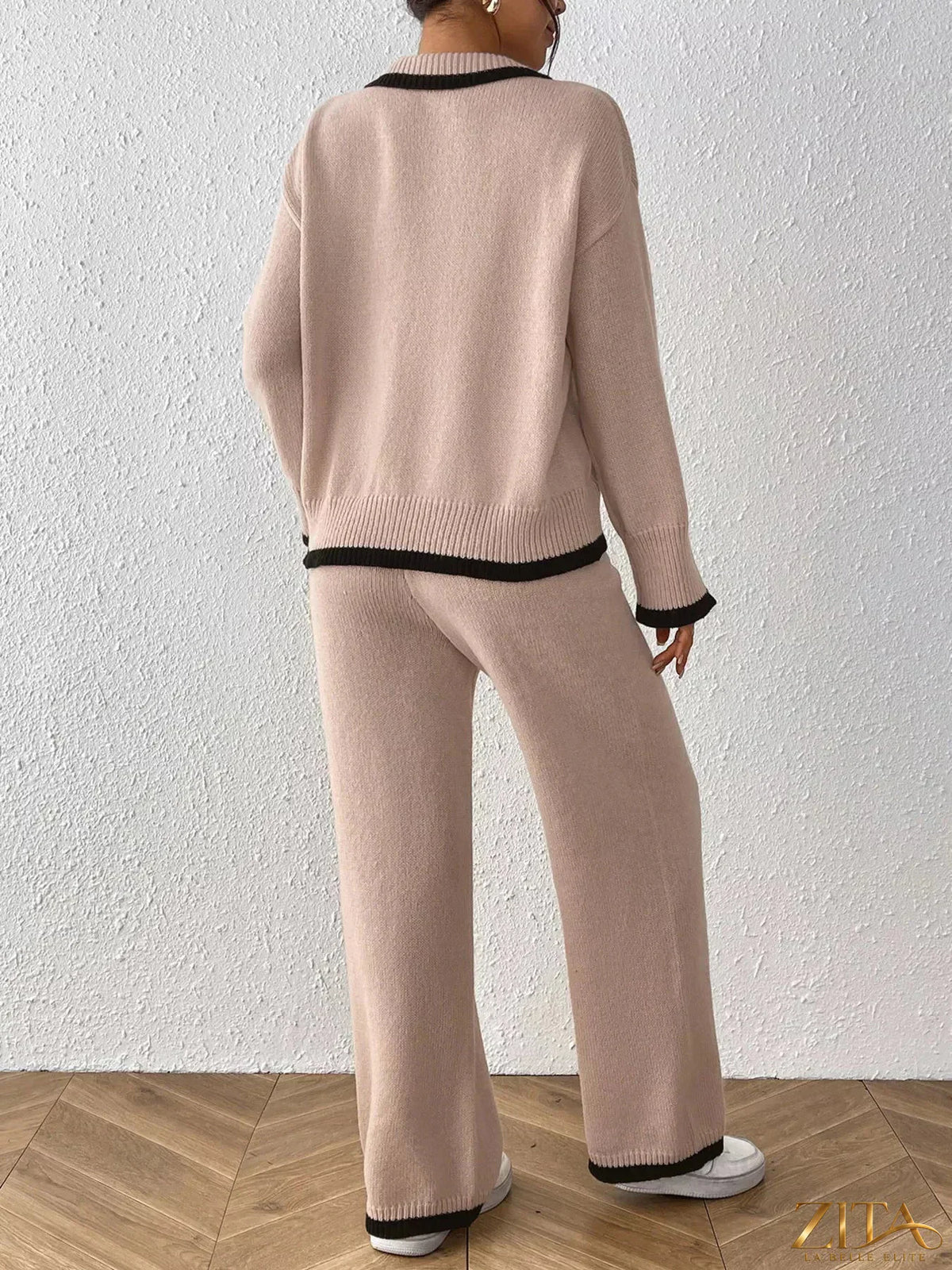 Zita La Belle Elite contrast trim polo collar top and pants sweater set, featuring a coordinated knit design and stylish detailing.