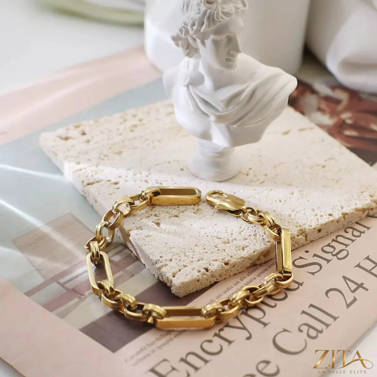 18K gold-plated chunky chain link bracelet by Zita La Belle Elite displayed on a white background.