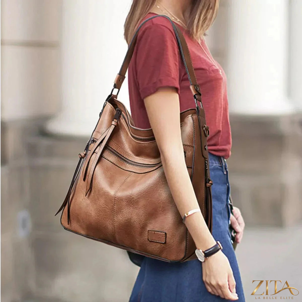 Zita La Belle Elite PU leather hobo shoulder bag with adjustable strap and spacious interior, stylish and versatile for everyday use.