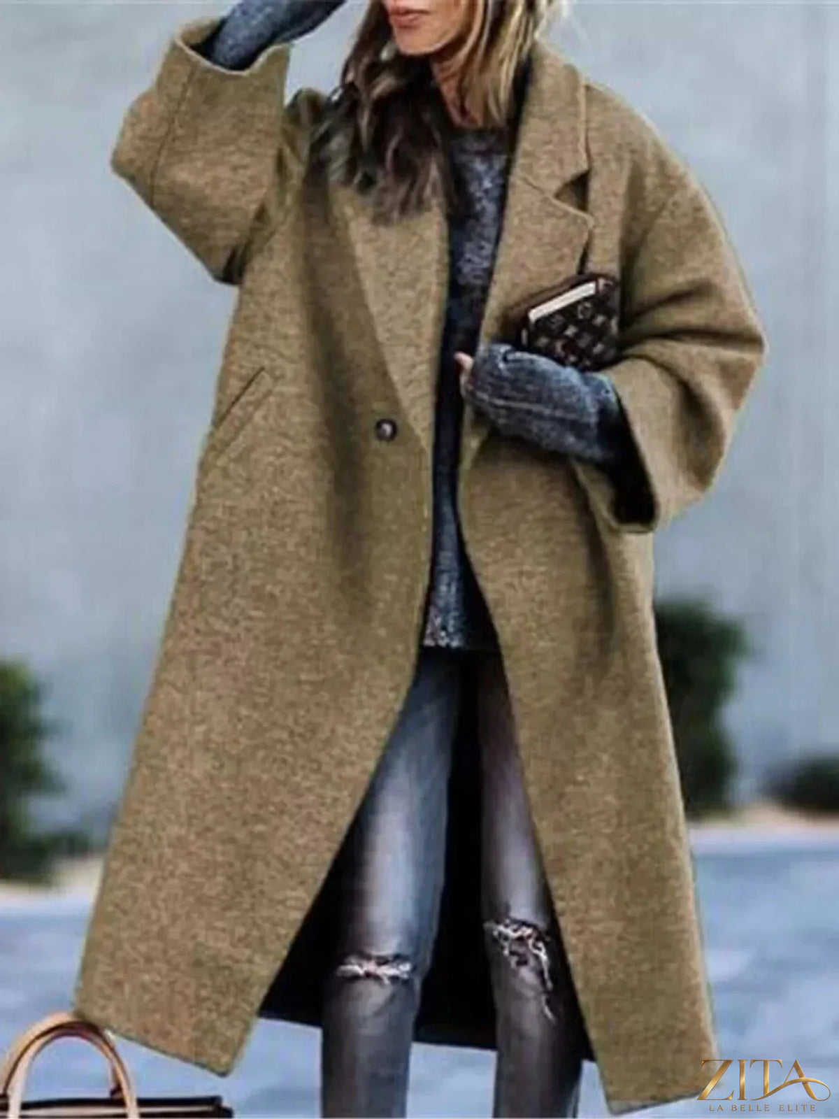 Plus size Zita La Belle Elite full size coat with lapel collar and single button closure, shown from the front.