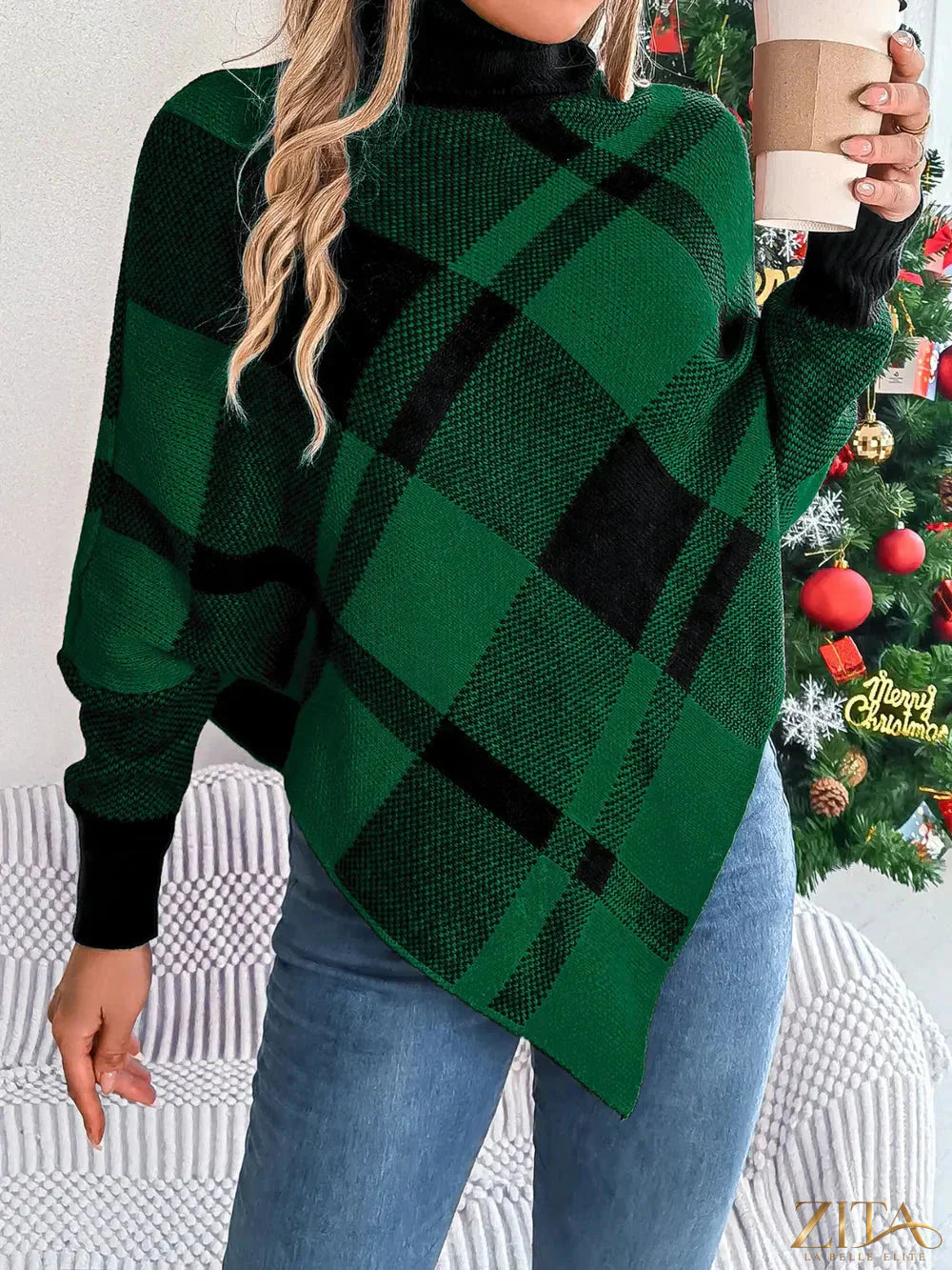 Plaid turtleneck sweater with batwing sleeves from Trendsi, featuring a cozy, stylish design in a classic pattern.