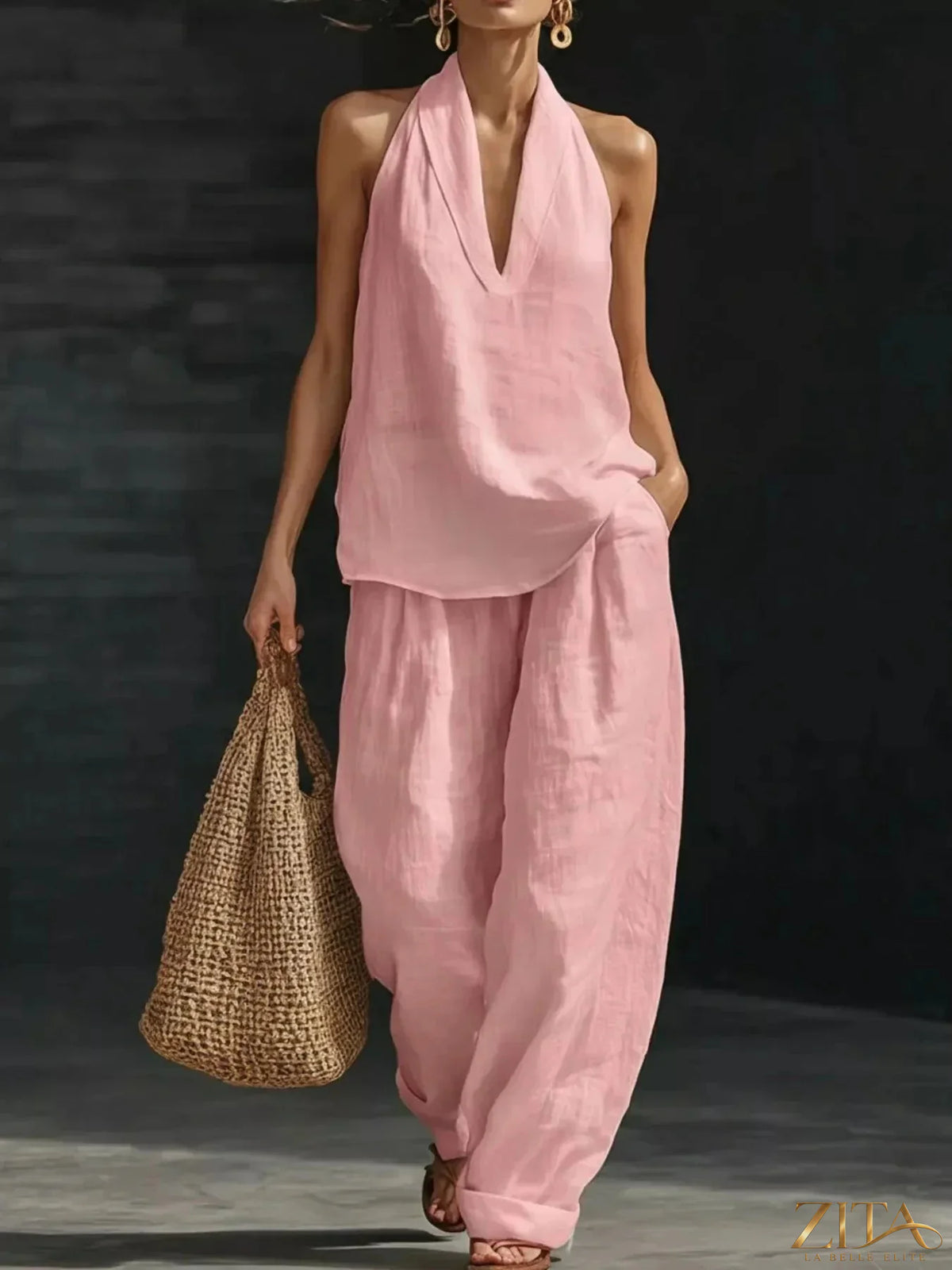 Plus size Zita La Belle Elite halter neck top and wide leg pants set on a model, stylish and comfortable fashion ensemble.