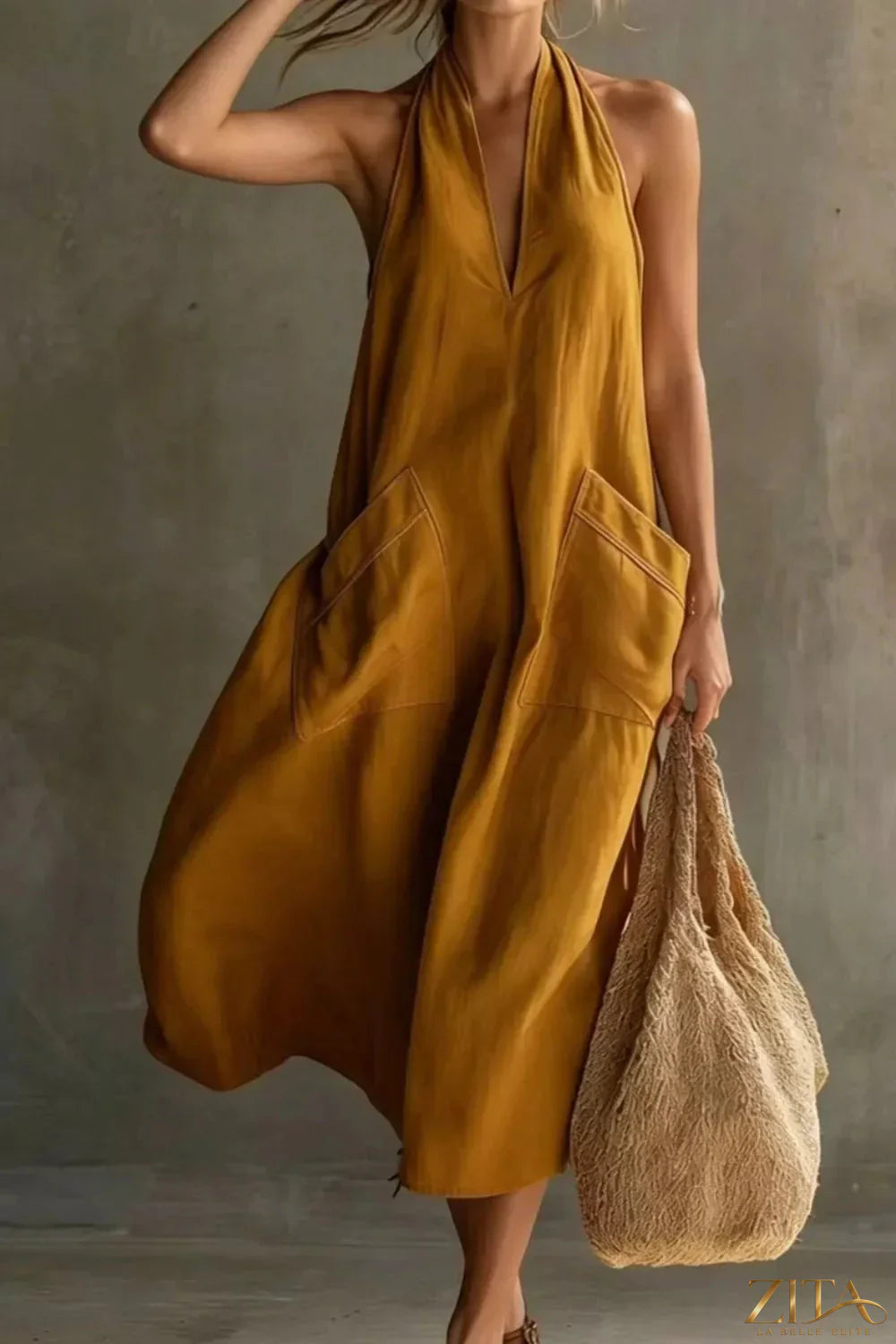Zita La Belle Elite casual halter neck midi dress with front pockets, lightweight fabric, perfect for summer or casual outings.