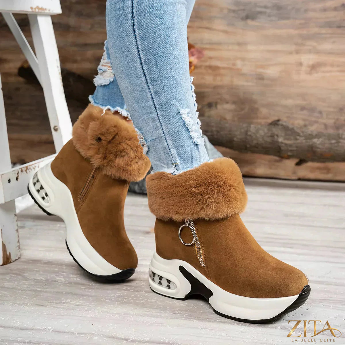 Zita La Belle Elite fuzzy side zipper platform ankle boots with chunky heel and cozy faux fur lining, stylish for fall and winter.
