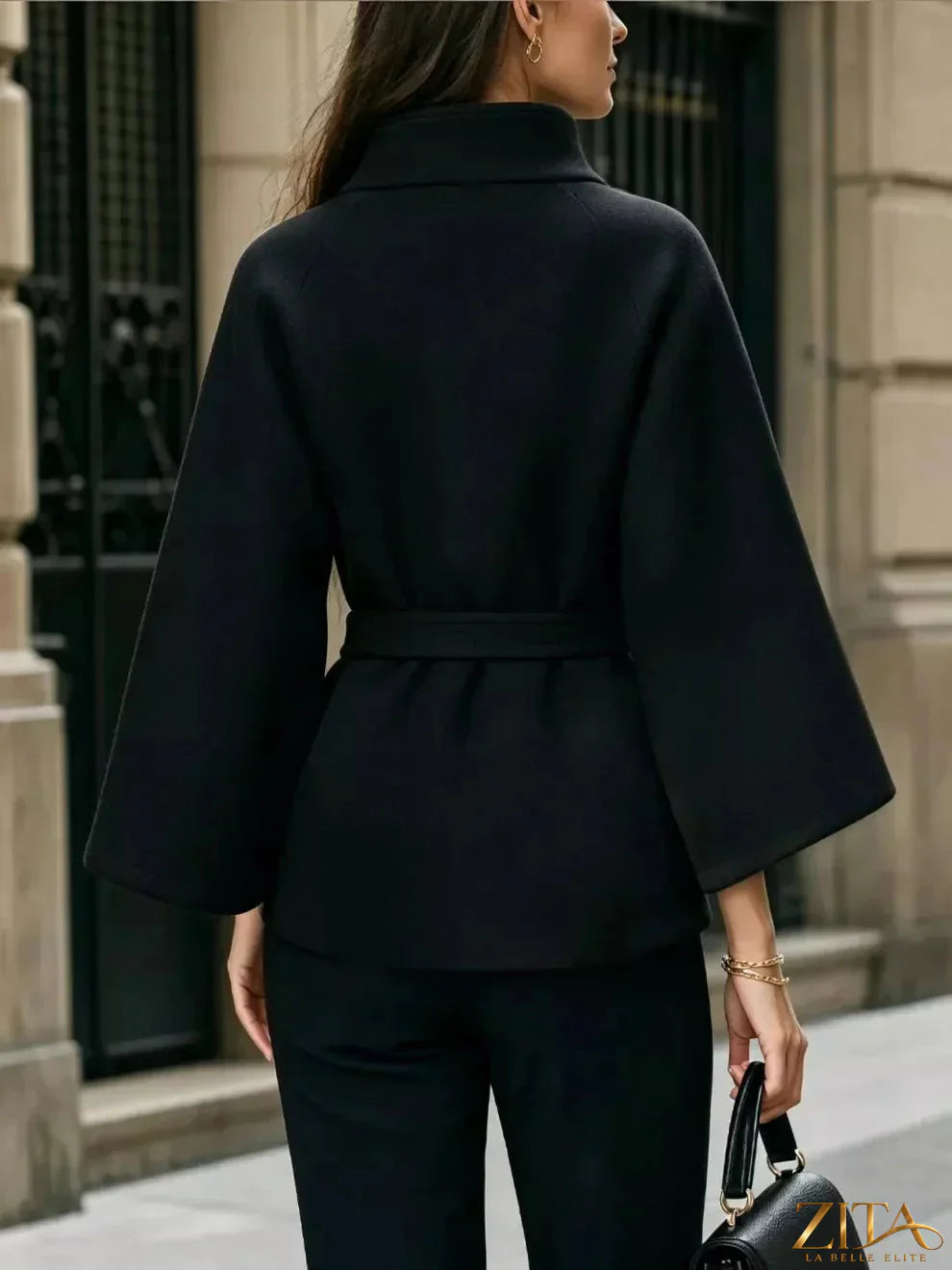 Zita La Belle Elite button-down cape coat with belted waist, featuring a stylish and elegant outerwear design.