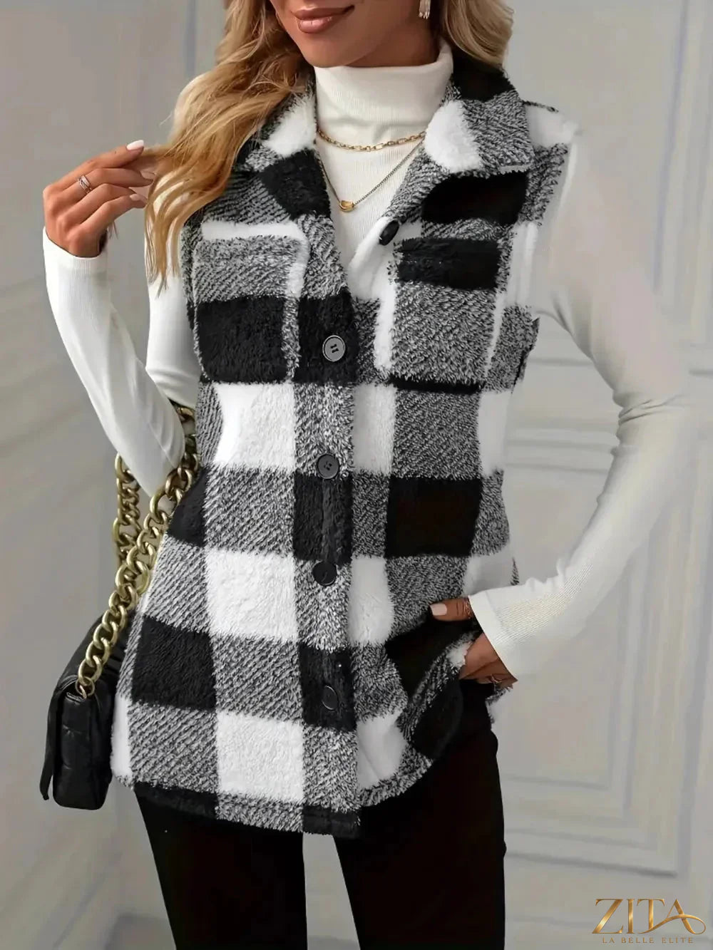 Zita La Belle Elite plaid button-up vest coat featuring a classic checkered design and tailored fit.