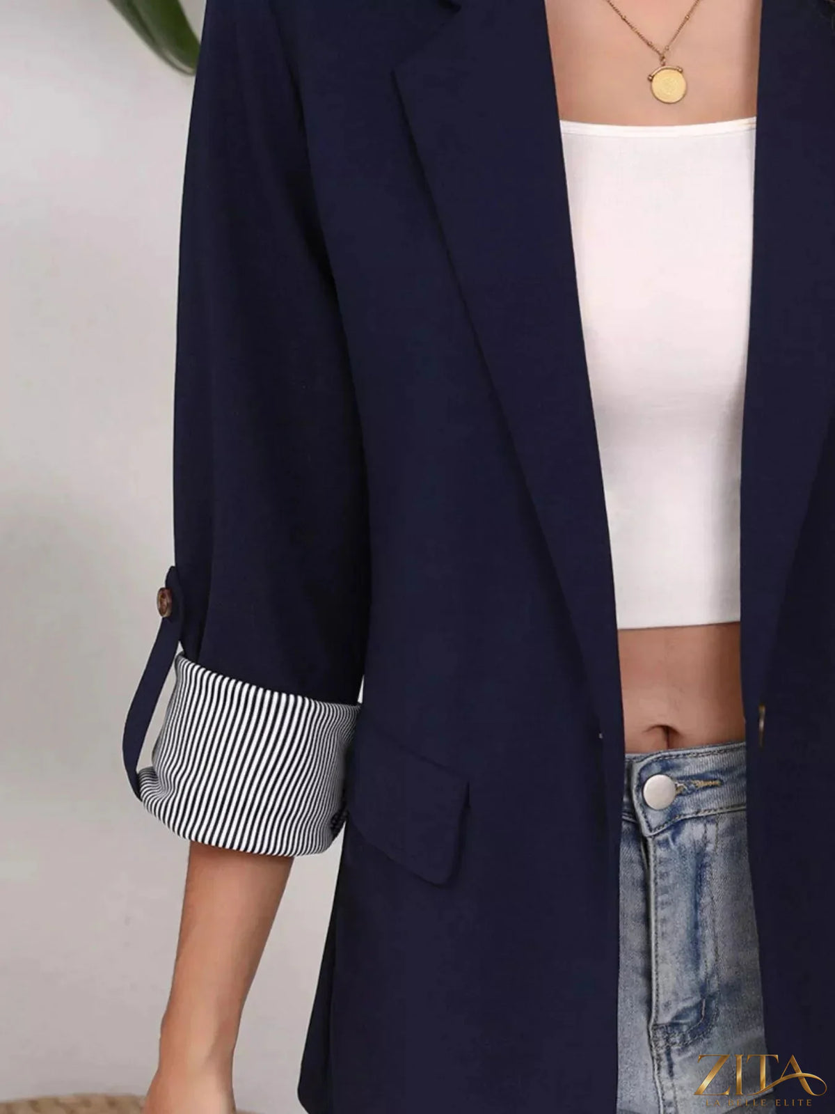 Zita La Belle Elite lapel collar blazer with roll-up sleeves, tailored fit, and classic design, shown in black fabric.