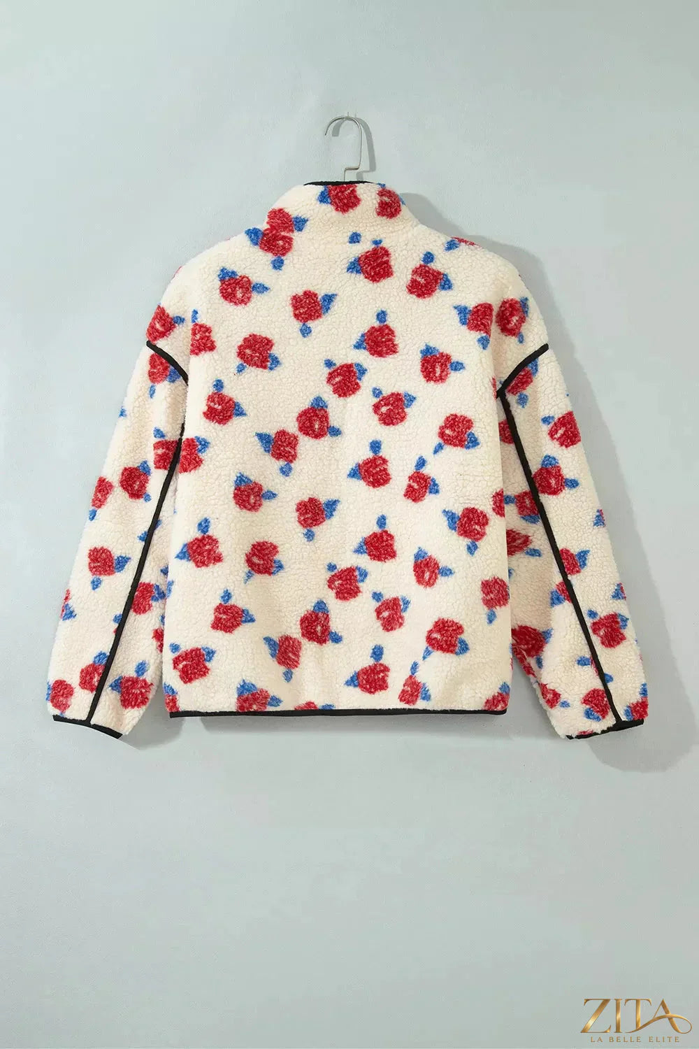 Zita La Belle Elite floral print zipper stand collar fleece coat with outerwear design and stand neck in vibrant floral pattern.