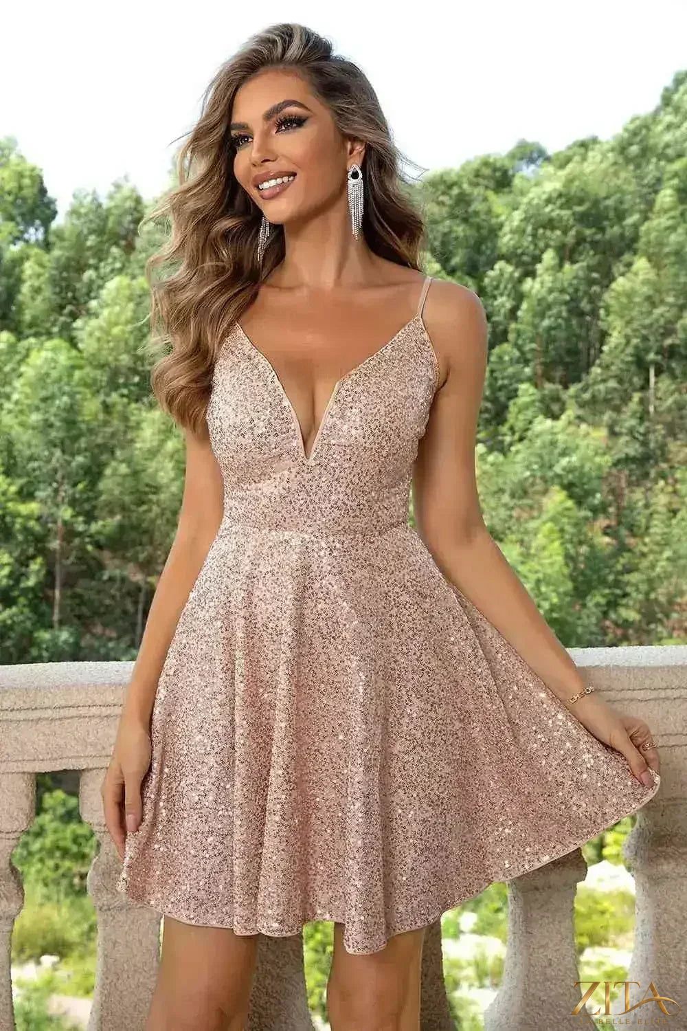 Zita La Belle Elite sequin spaghetti strap mini dress with sparkling embellishments, perfect for party wear and evening events.