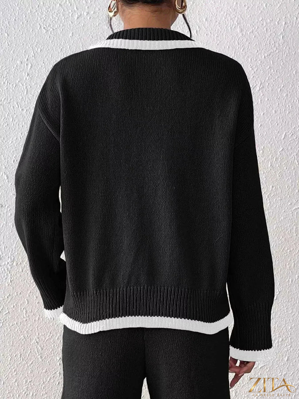 Zita La Belle Elite contrast trim polo collar sweater in navy and white, featuring a classic knit design and ribbed cuffs.