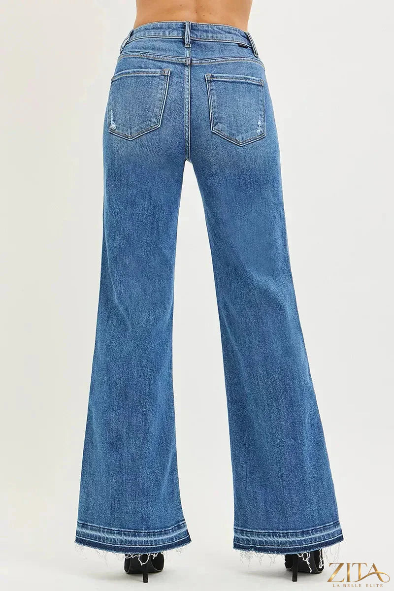 Zita La Belle Elite RISEN high rise wide leg jeans with released hem, featuring a stylish relaxed fit and distressed detailing.