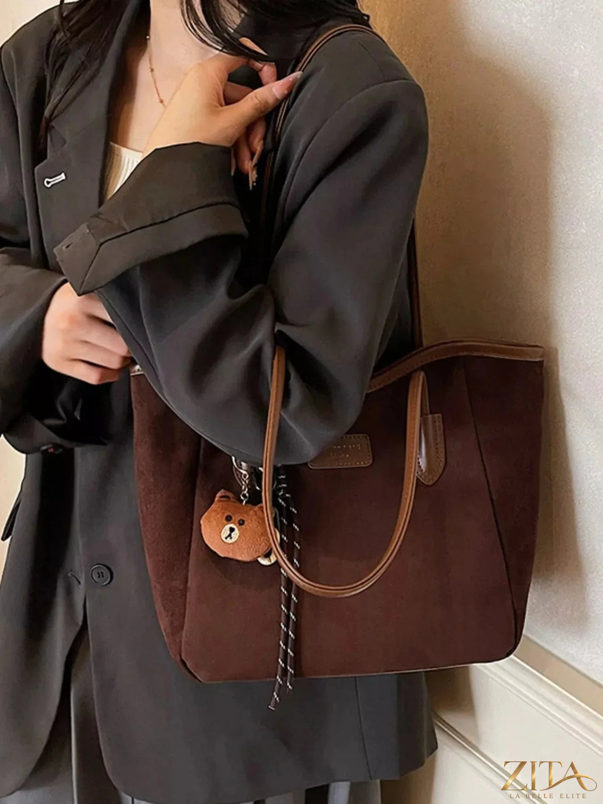 Zita La Belle Elite suede casual tote bag with double handles, featuring a soft, textured brown suede material and spacious interior.