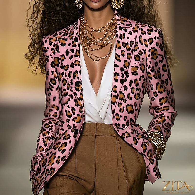 Zita La Belle Elite women's pink leopard blazer, casualwear, featuring a tailored fit and bold animal print fabric.