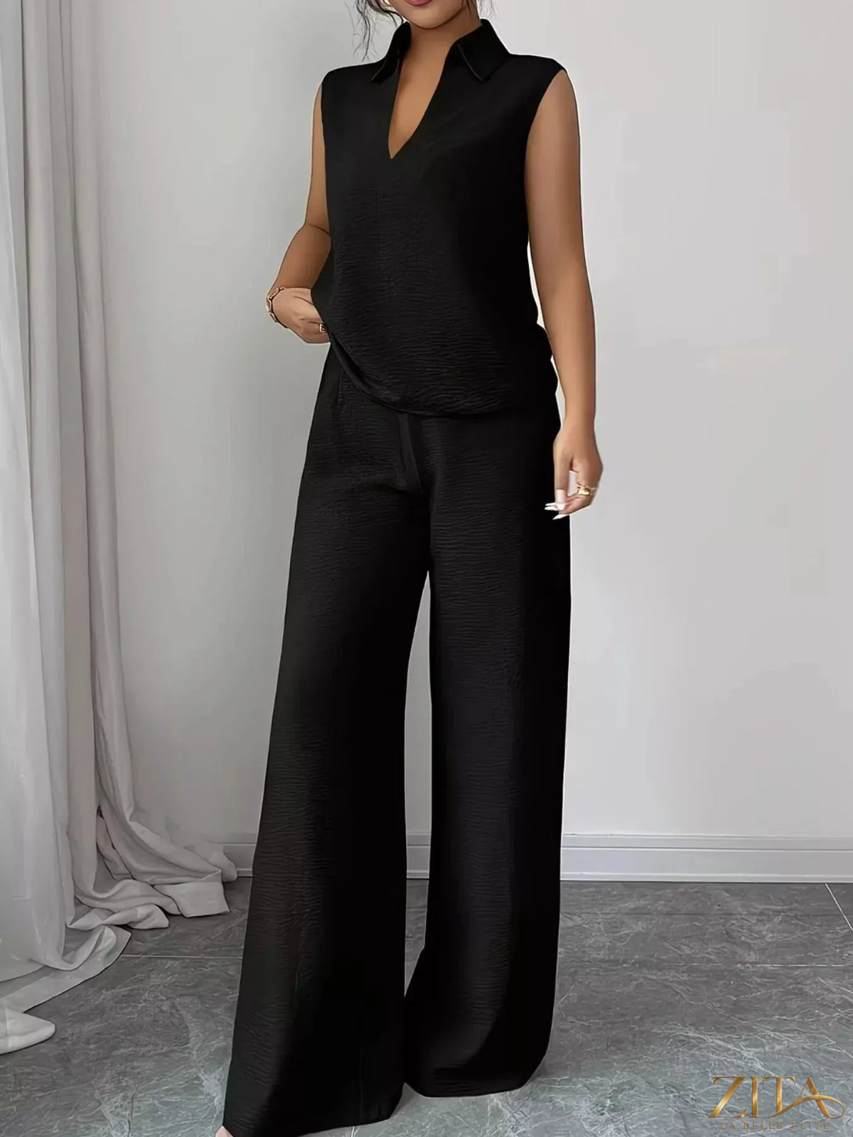 Zita La Belle Elite sleeveless top and wide-leg pants set, stylish fashion ensemble with lightweight fabric and modern fit.