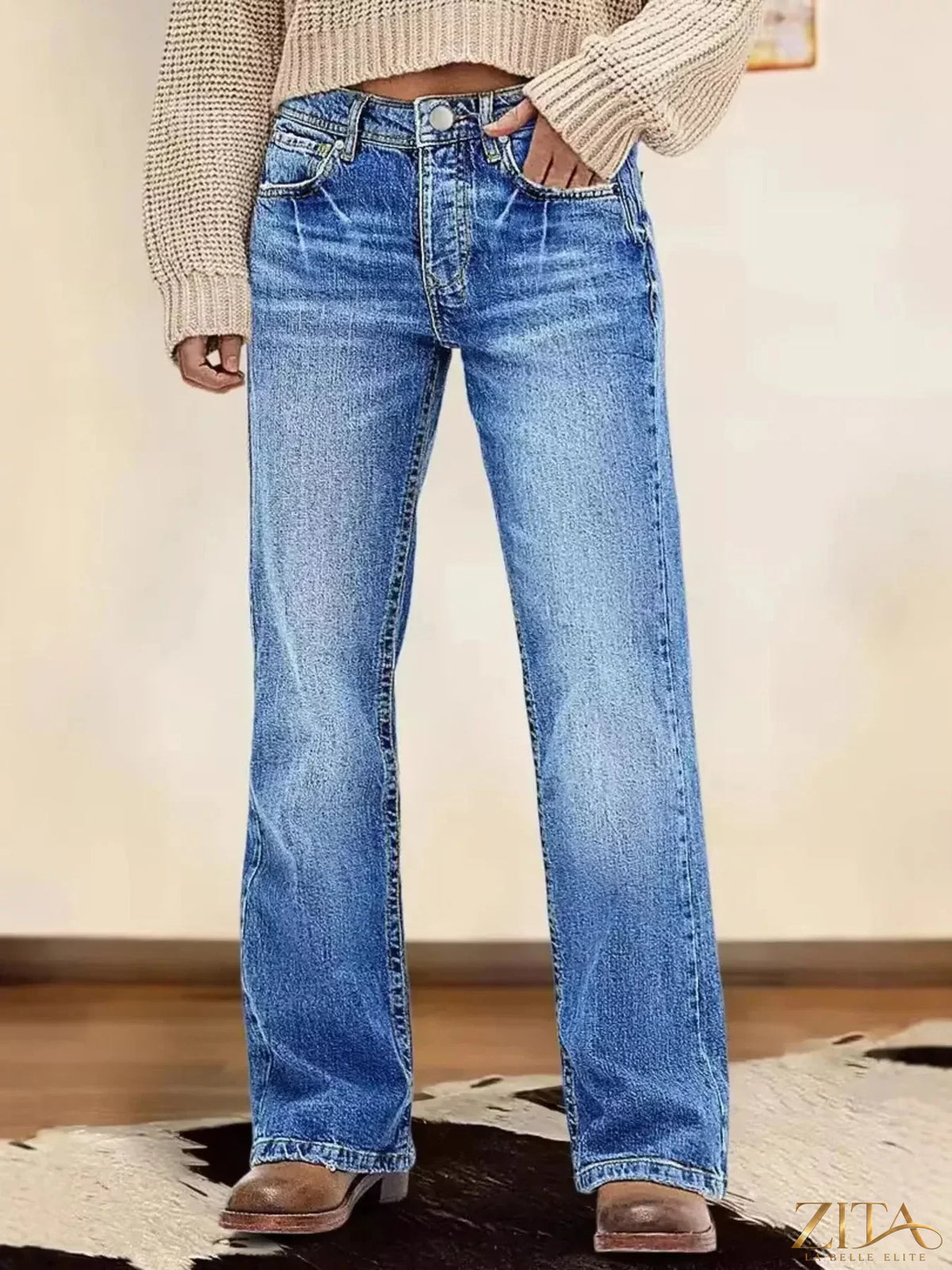 Zita La Belle Elite vintage wash straight-leg jeans showing faded denim and classic five-pocket design.