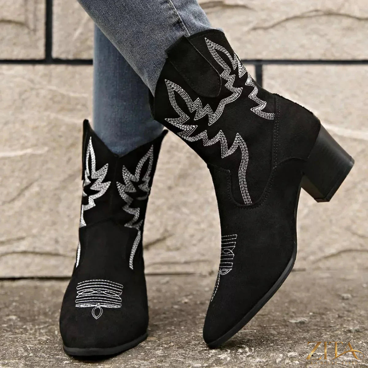 Zita La Belle Elite point toe block heel boots featuring sleek design and stylish ankle-high silhouette.