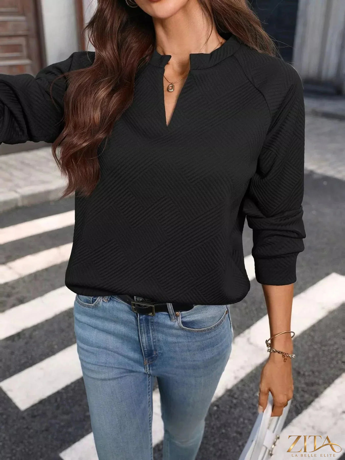 Textured notched long sleeve sweatshirt by Zita La Belle Elite, shown in black with a stylish notched neckline and soft fabric.