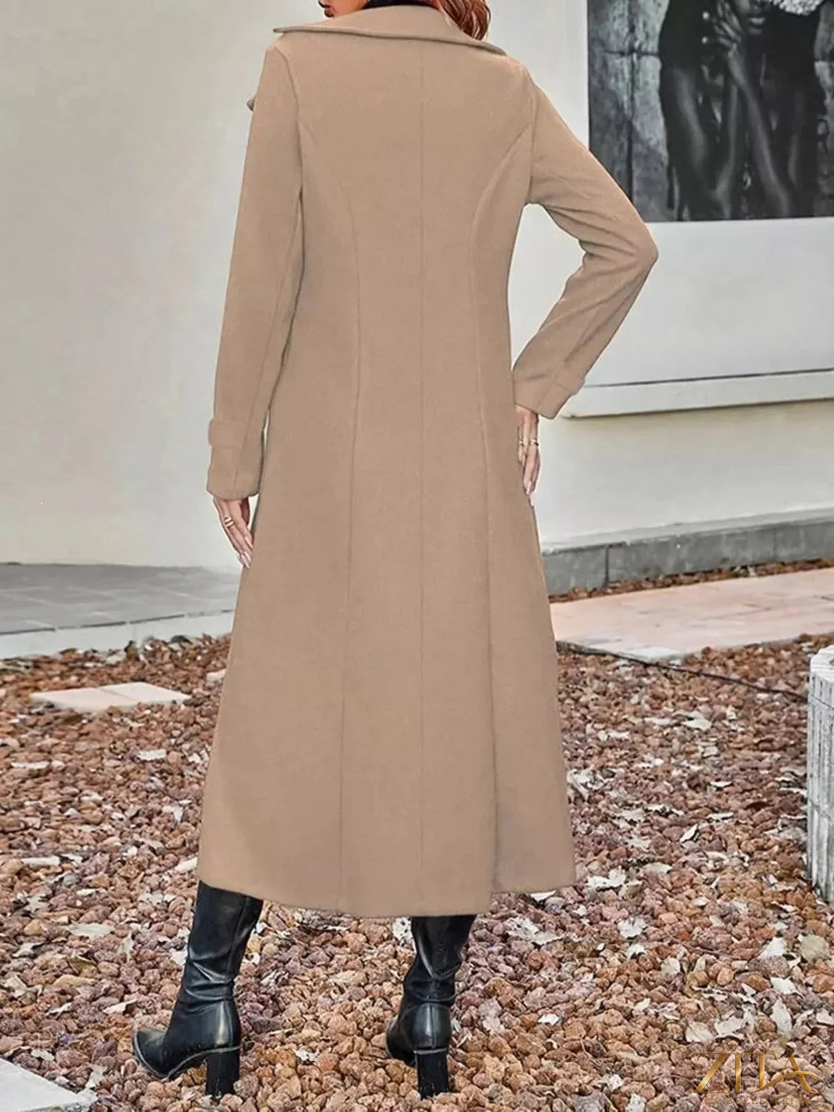 Plus size Zita La Belle Elite double-breasted longline trench coat with wide lapels and belt, full-length style in classic beige.