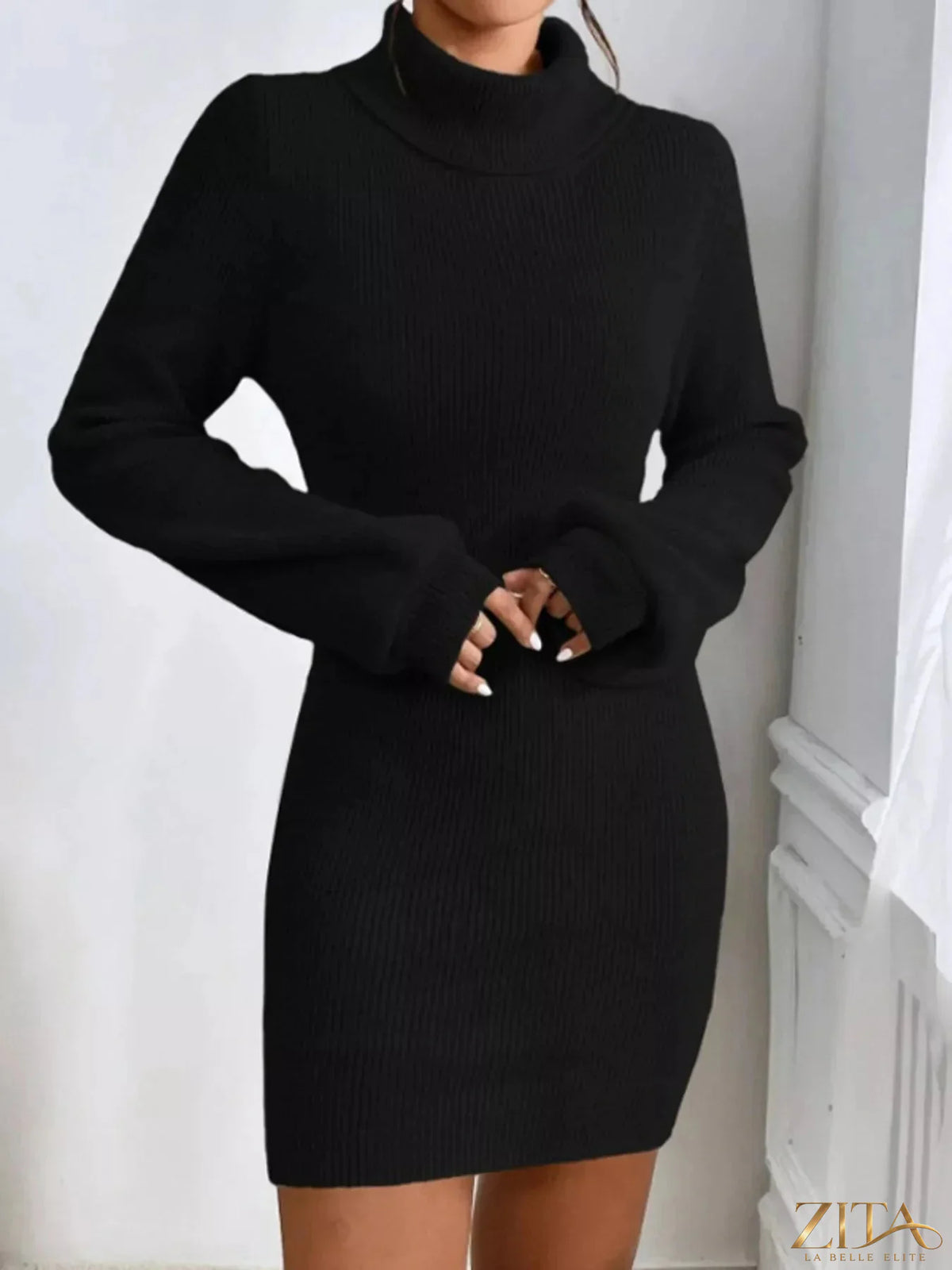 Ribbed knit turtleneck sweater dress by Trendsi, featuring a fitted silhouette and cozy fabric, shown in a neutral color.