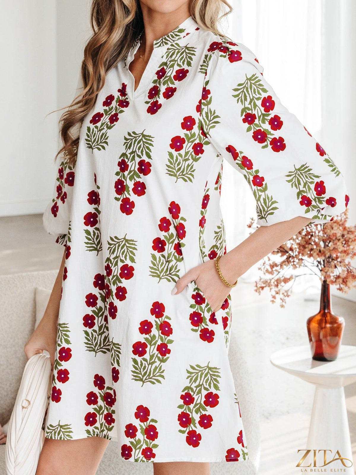 Zita La Belle Elite floral print casual mini dress with short sleeves and a fitted waist, perfect for summer or casual outings.