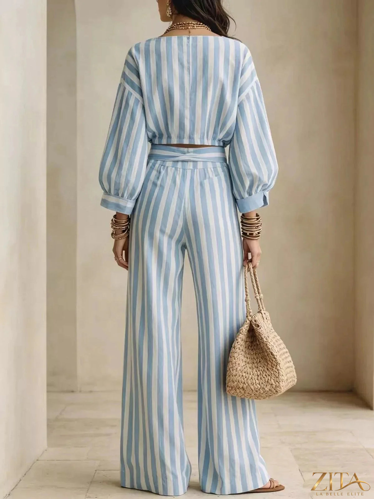 Zita La Belle Elite striped long sleeve top and pants two-piece set displayed in a stylish, coordinated outfit.