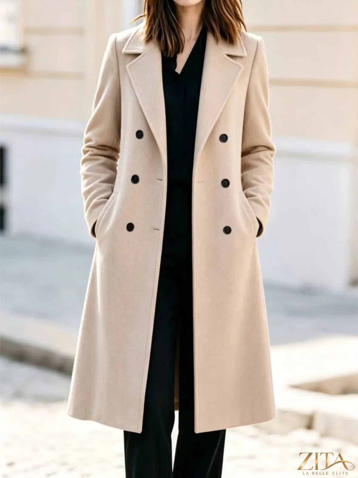 Zita La Belle Elite double-breasted coat with lapel collar, stylish outerwear for sophisticated winter or fall fashion.