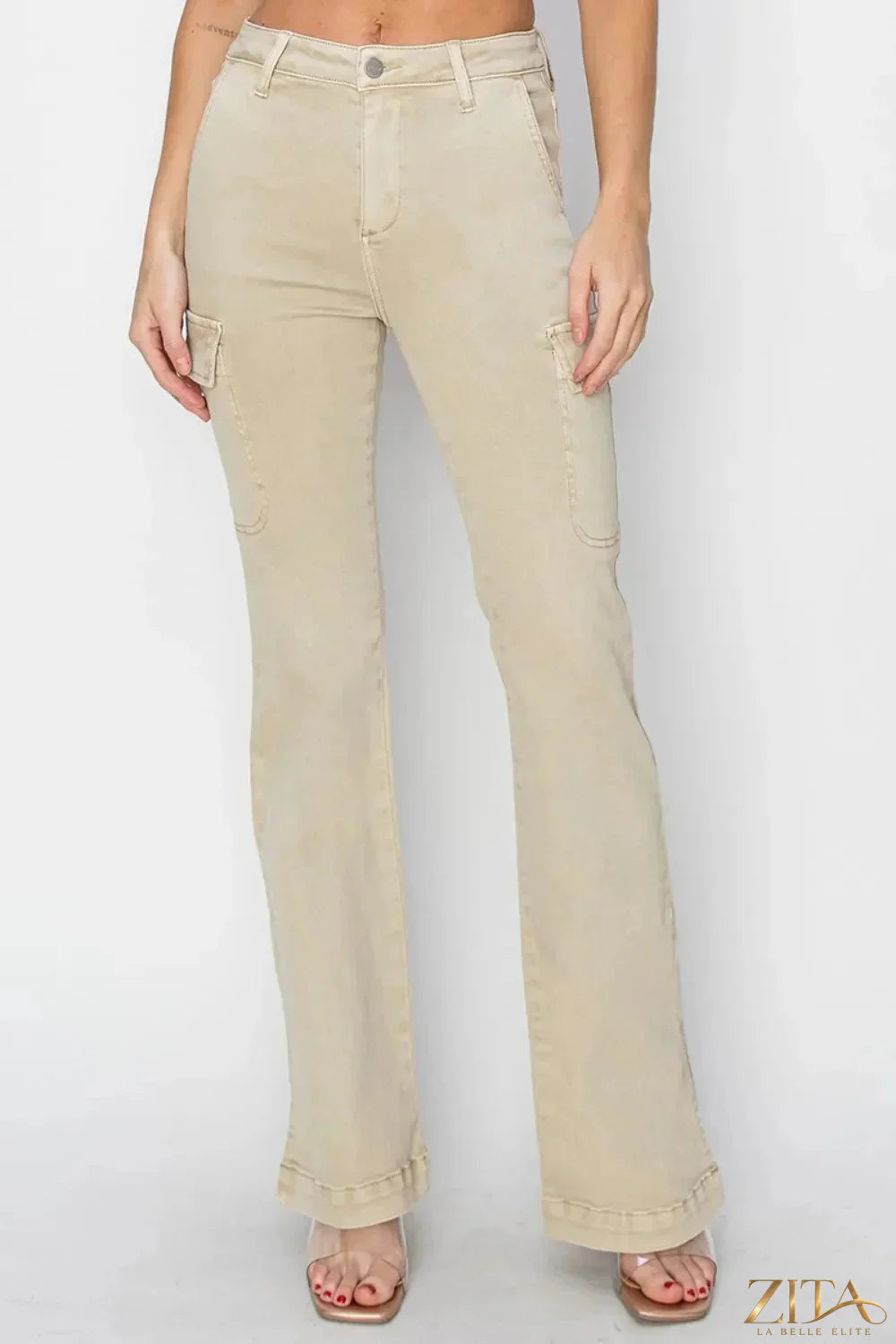 Zita La Belle Elite RISEN full size high rise side slit cargo bootcut jeans displayed on a model, showcasing the fit and design details.