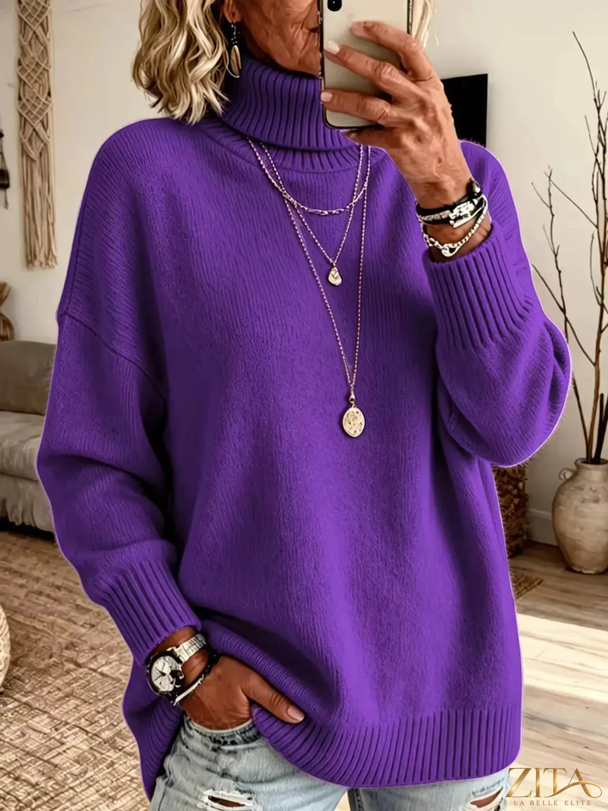 Zita La Belle Elite turtleneck dropped shoulder sweater in soft knit, featuring a relaxed fit and classic design.