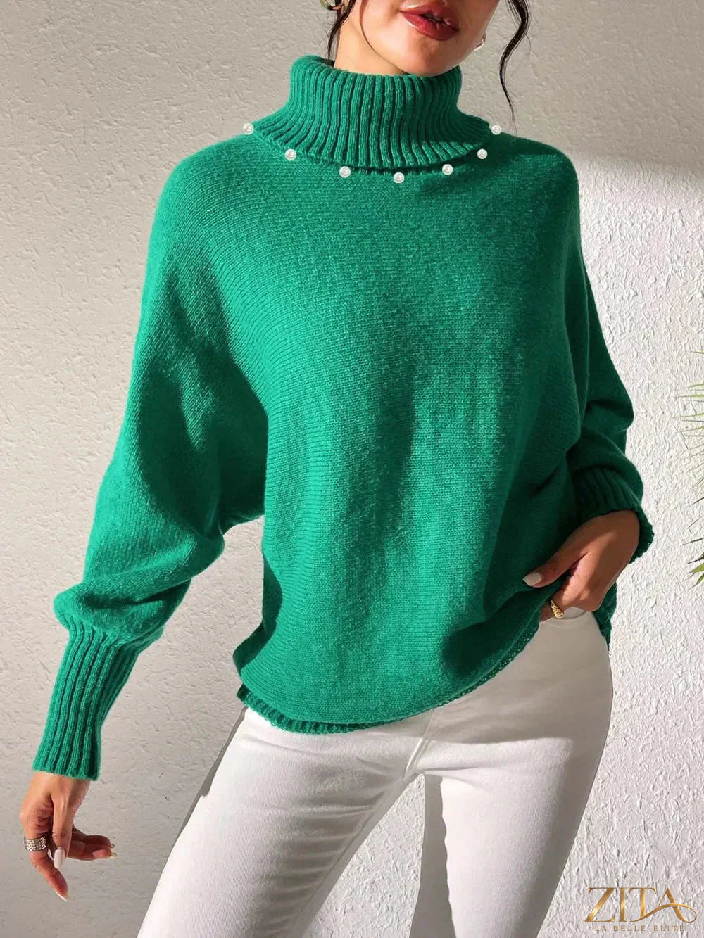 Zita La Belle Elite turtleneck long sleeve sweater in a cozy knit fabric, close-up showing the high neckline and fitted style.