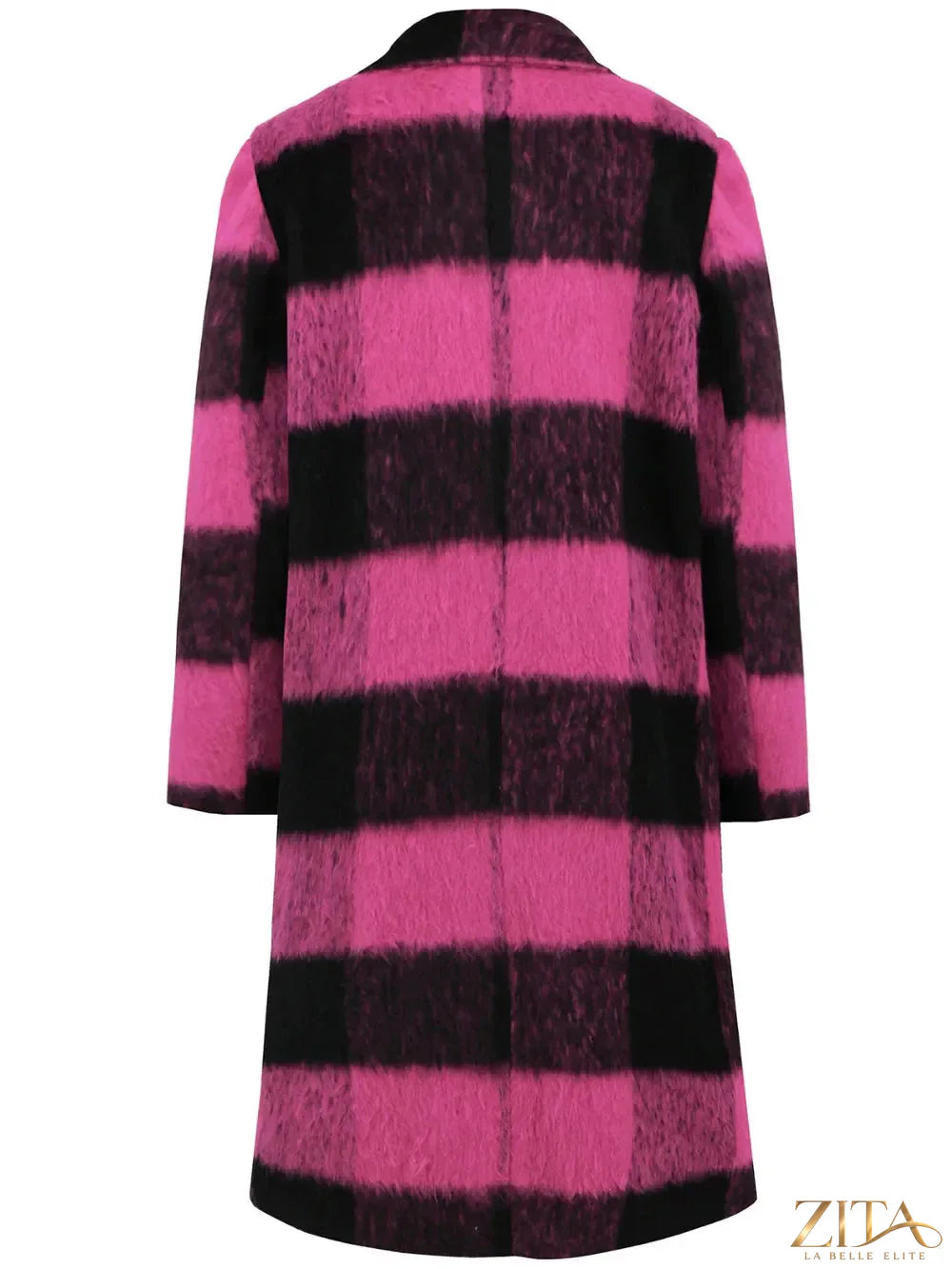 Zita La Belle Elite plaid double-breasted long sleeve coat with classic pattern and tailored fit, displayed on a hanger.