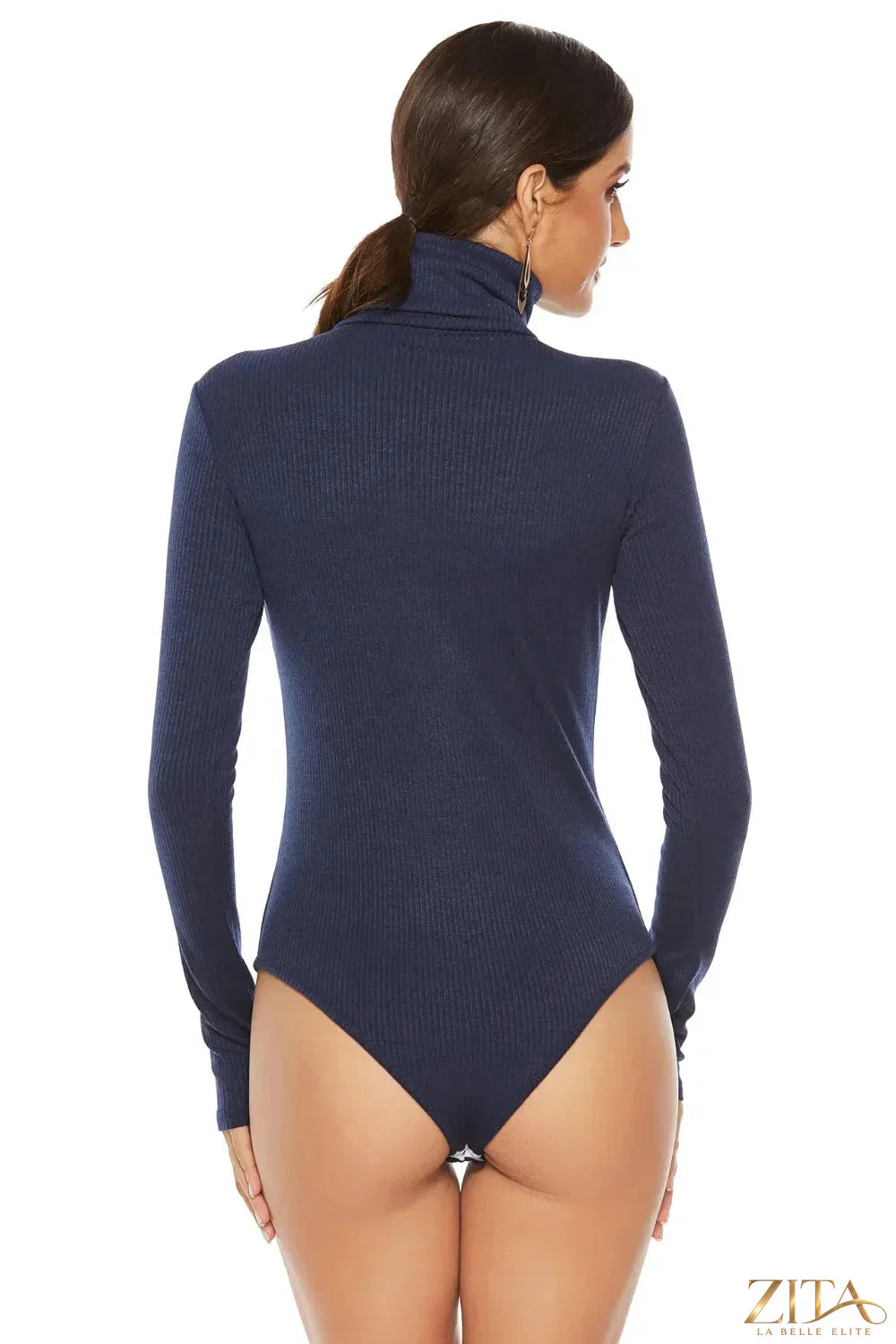 Black ribbed turtleneck long sleeve bodysuit by Trendsi, shown flat with a close-up of the textured fabric and fitted design.