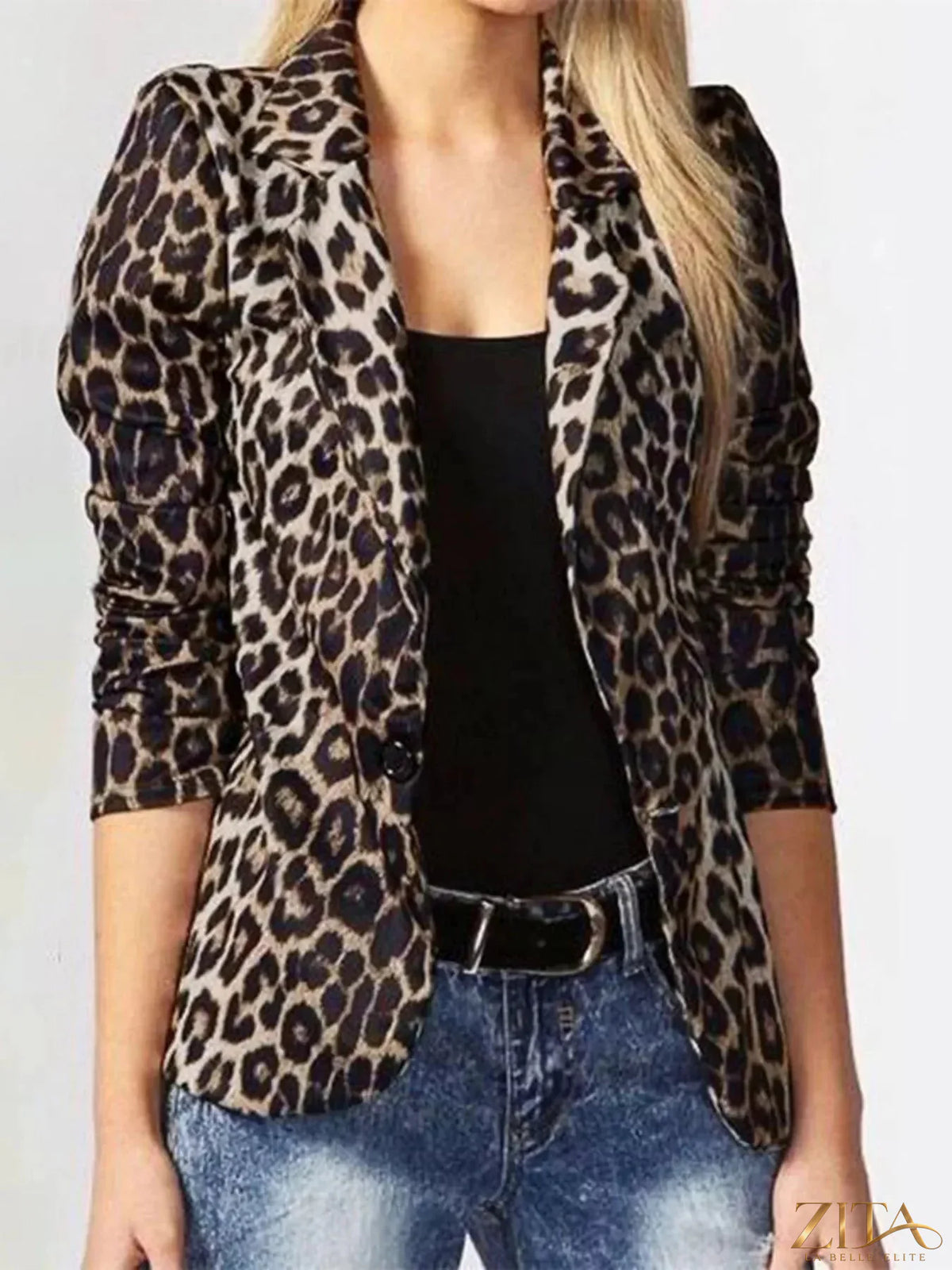 Leopard print Zita La Belle Elite blazer with single button closure, tailored fit, and stylish lapel details.