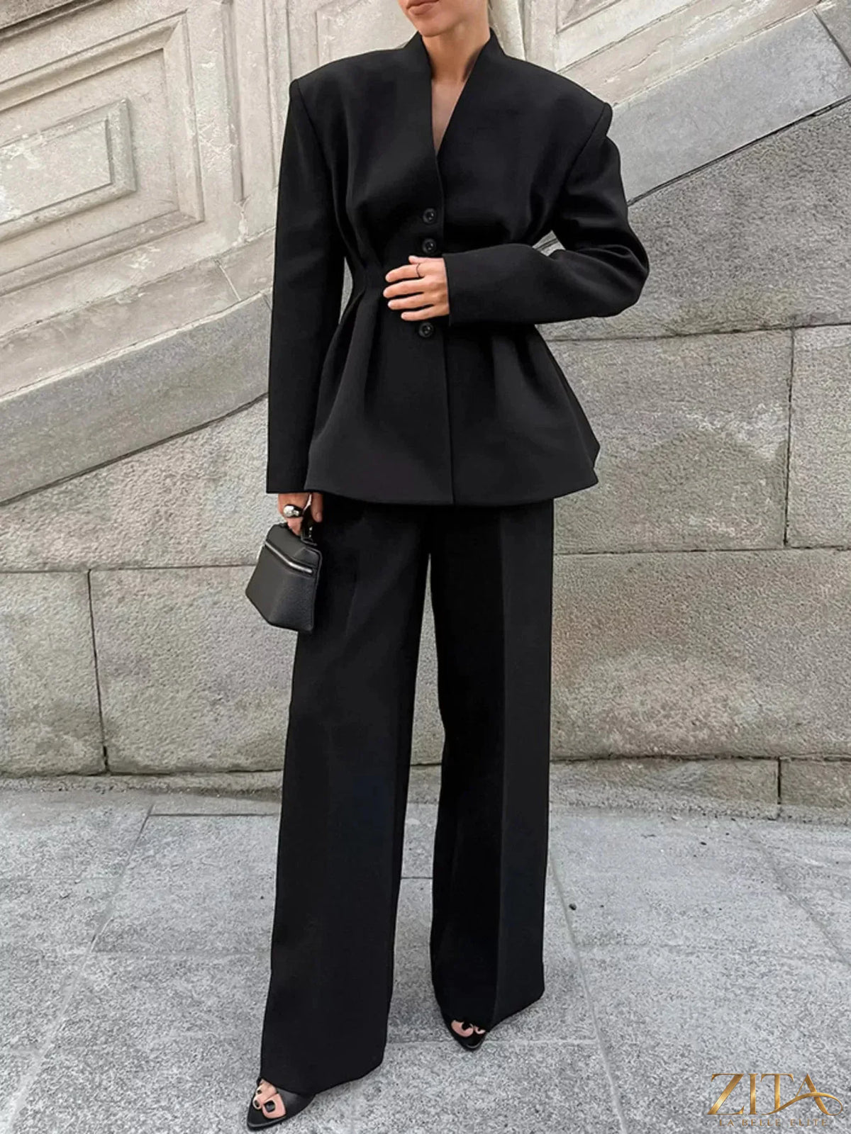 Zita La Belle Elite chic button-down pleated blazer and wide-leg pants suit set, stylish formal wear for women.