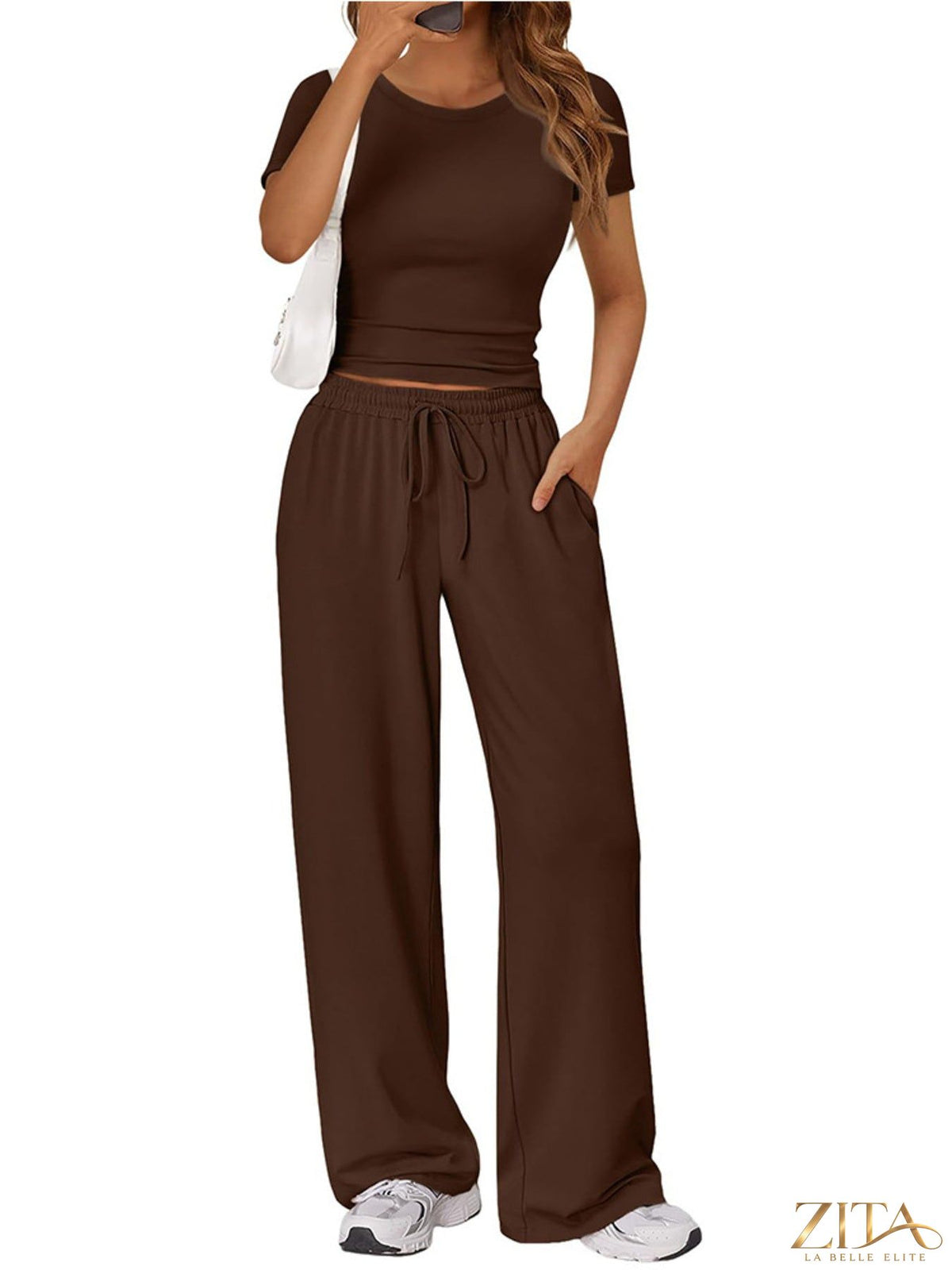 Trendsi round neck short sleeve tee and matching pants set in a casual, comfortable style for everyday wear.
