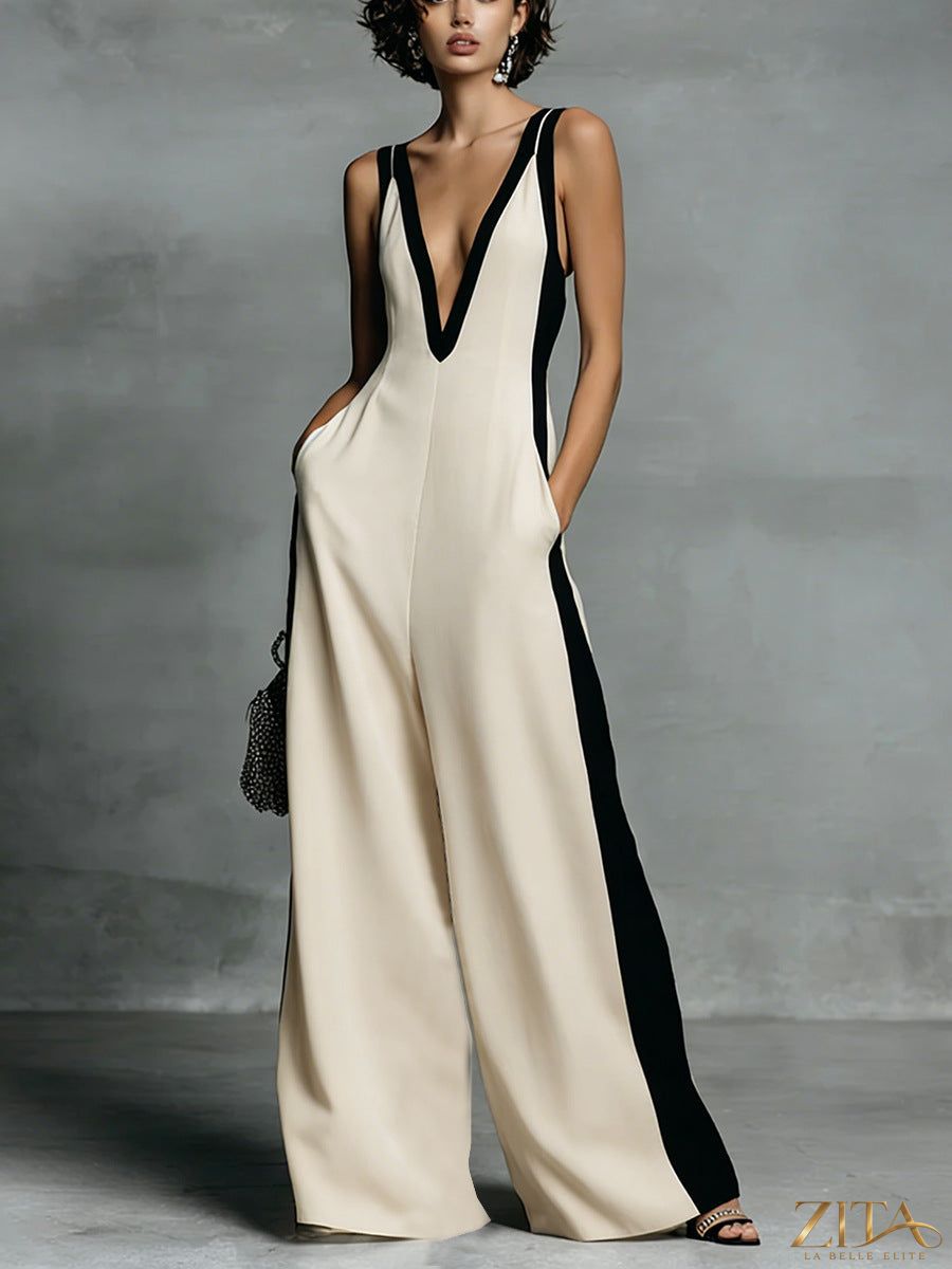 Color-block sleeveless V-neck wide-leg jumpsuit by Zita La Belle Elite, casualwear with bold color panels and relaxed fit.
