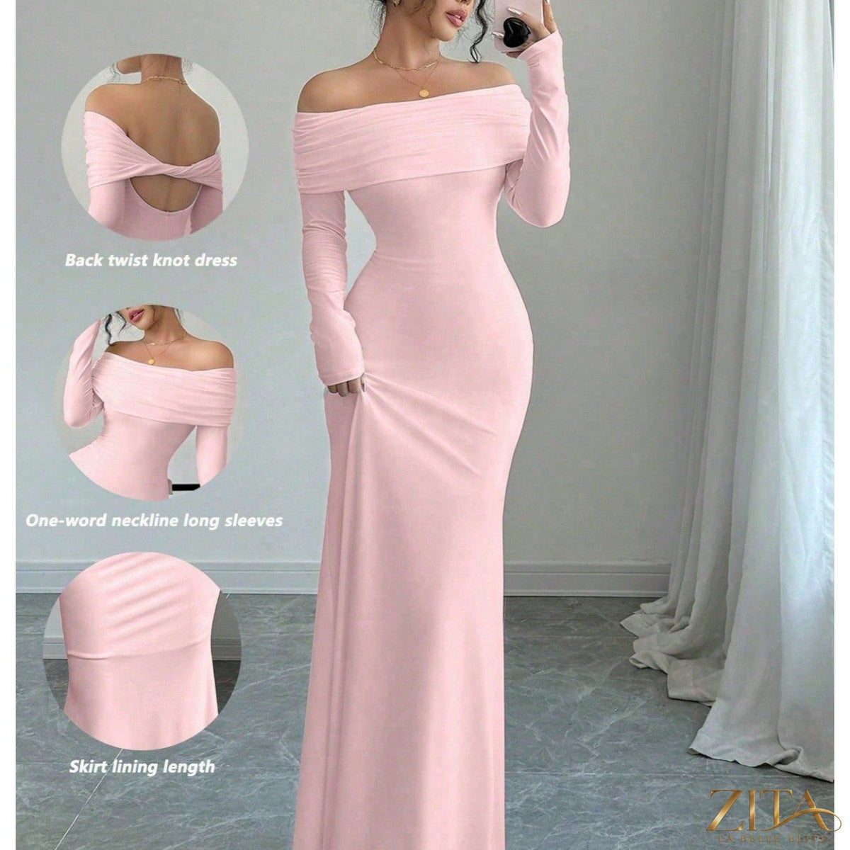 Elegant off-shoulder midi evening gown by Zita La Belle Elite, featuring a flowing silhouette and sophisticated design for women.