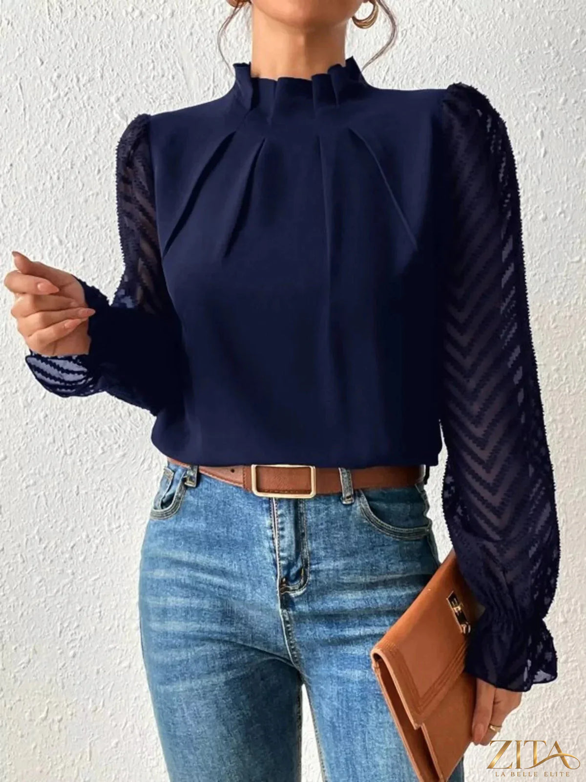 Zita La Belle Elite mock neck sheer lace sleeve blouse showcasing delicate lace details and a stylish high neckline.