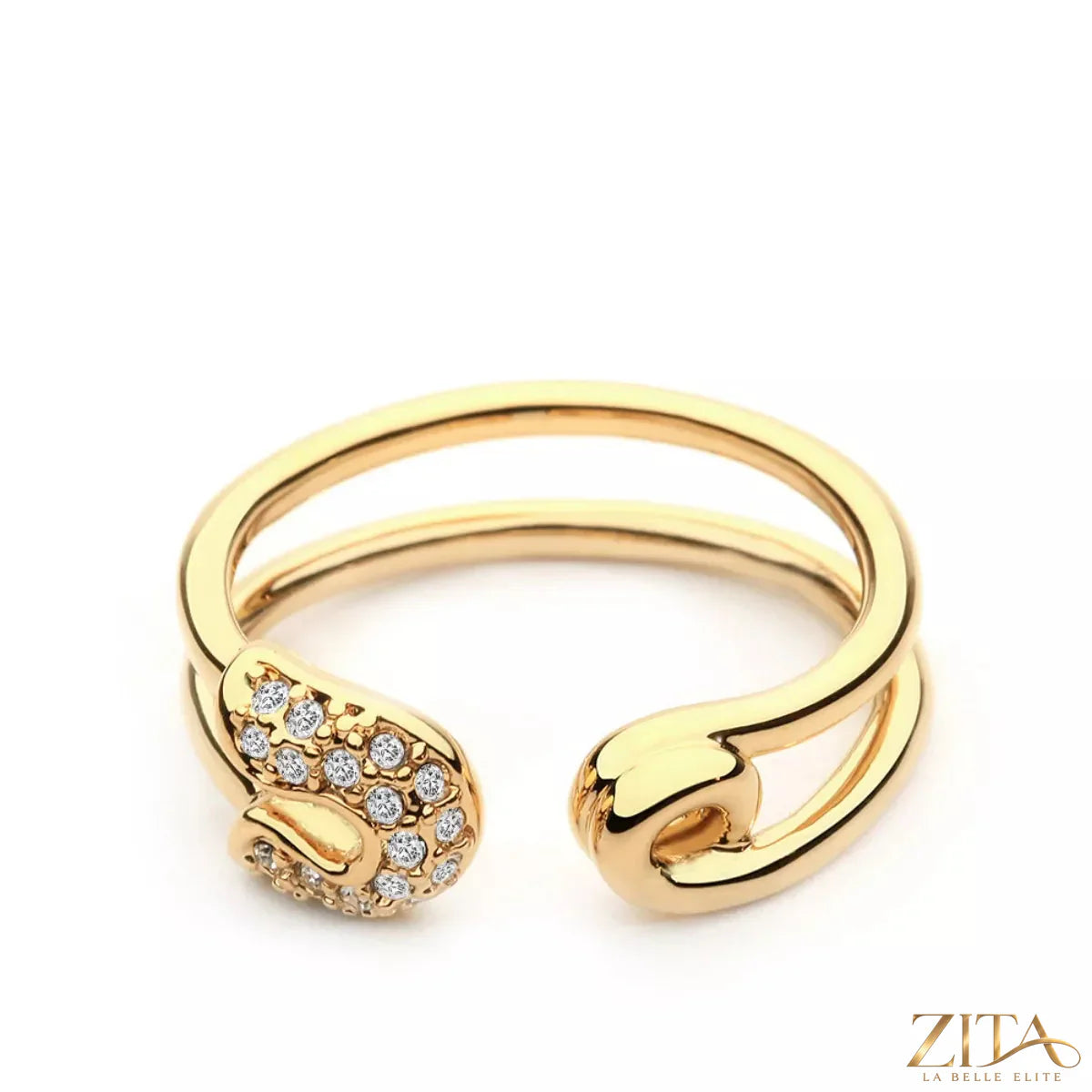 Zita La Belle Elite zircon double band open ring with sparkling stones on a silver-tone metal band.