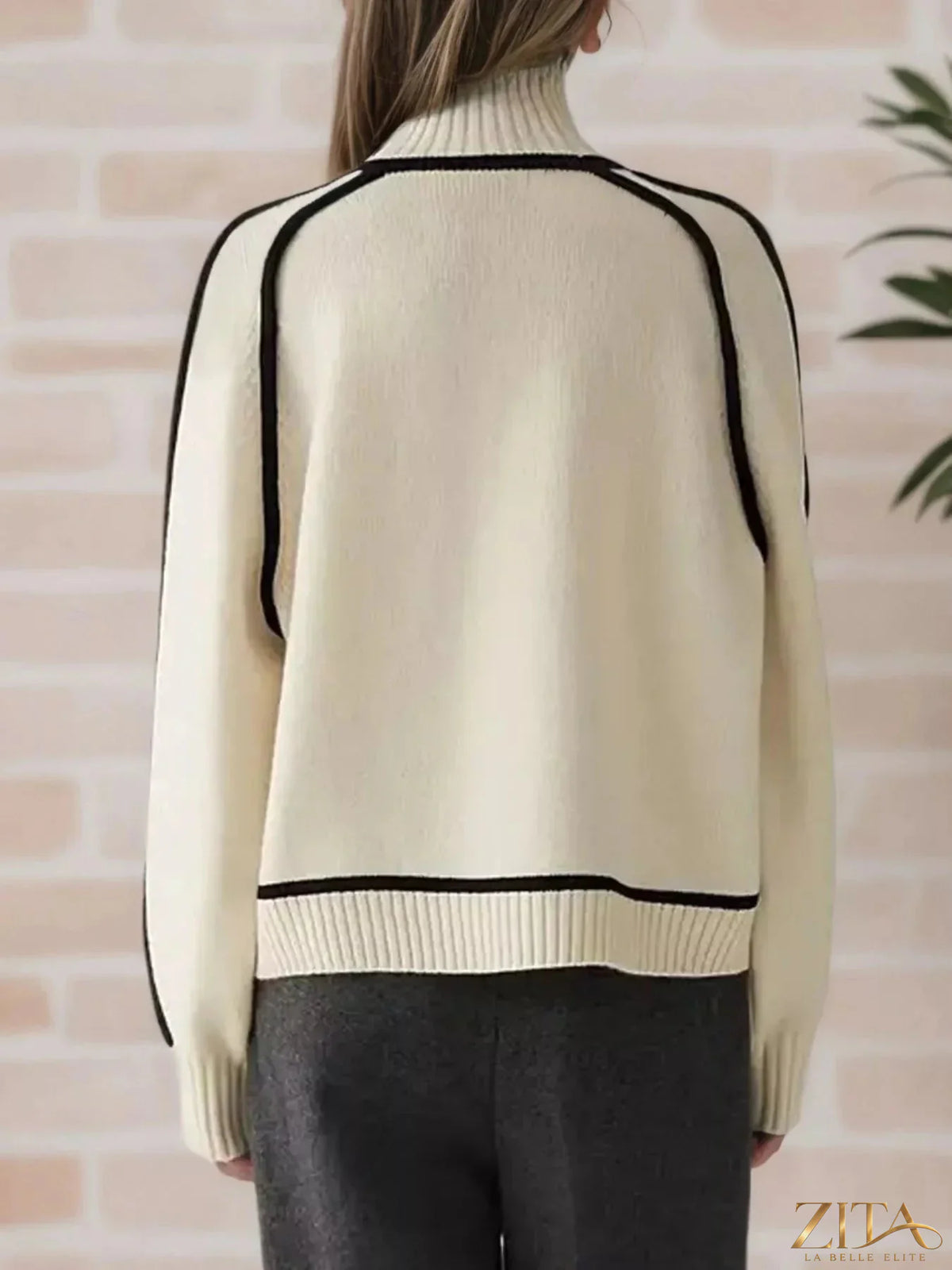 Zita La Belle Elite contrast trim turtleneck sweater in cozy knit fabric, featuring a classic design with contrasting collar and cuffs.