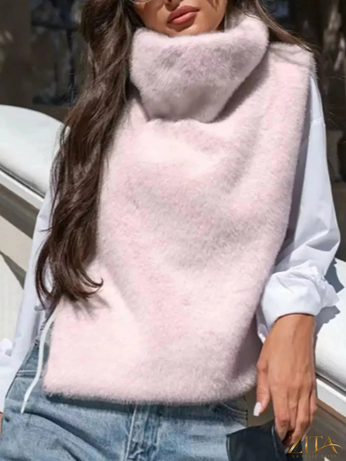 Zita La Belle Elite plush sleeveless turtleneck vest coat in soft fabric, stylish and warm outerwear for cold weather.