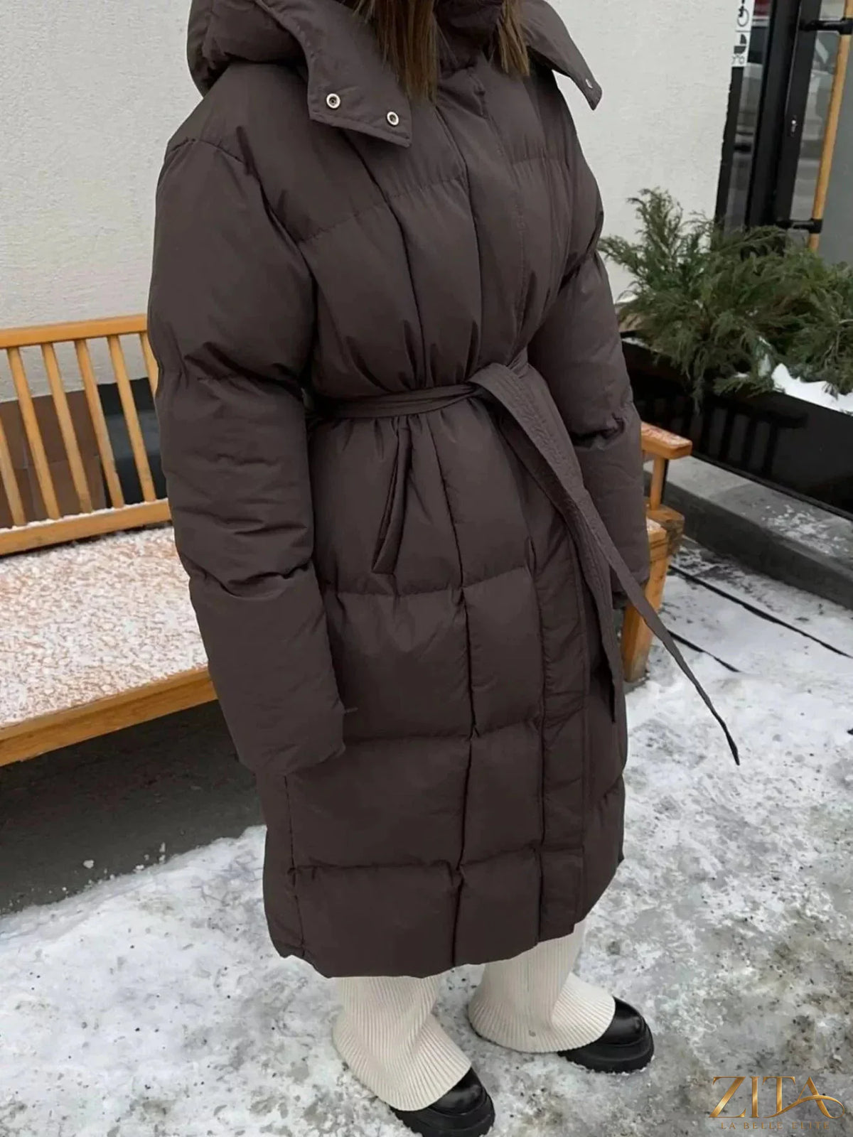 Zita La Belle Elite longline padded winter coat with belt, featuring a warm insulated design and stylish silhouette.