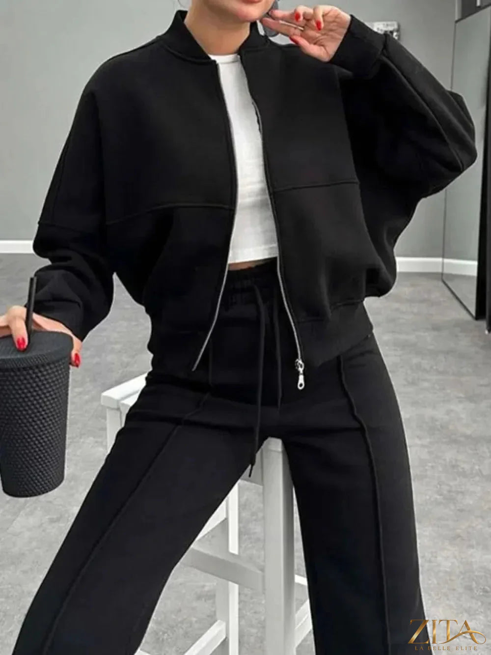 Zita La Belle Elite baseball collar zip-up outerwear and drawstring pants set, navy blue with white accents, casual sporty style