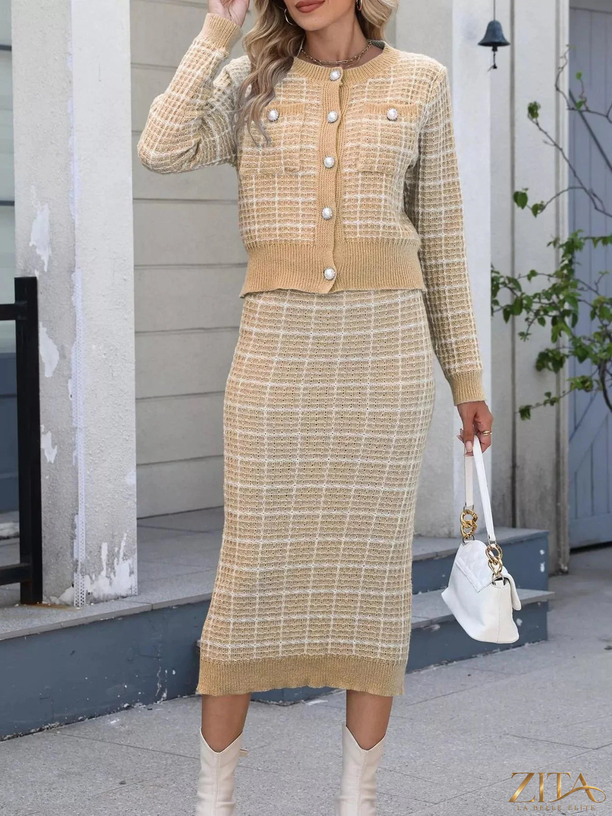Zita La Belle Elite plaid knit cardigan and midi skirt sweater set, featuring a cozy, stylish matching knit ensemble with plaid pattern.