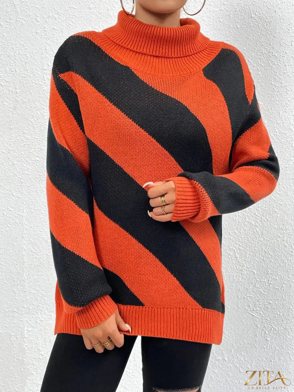 Trendsi striped turtleneck dropped shoulder sweater with multicolor horizontal stripes and cozy knit fabric.