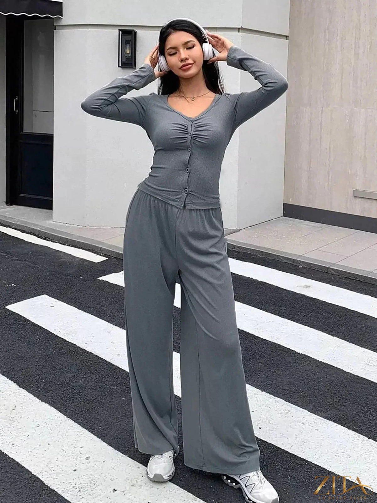 Zita La Belle Elite button-down top and wide-leg pants set, stylish casual outfit with a tailored top and flowing pants.
